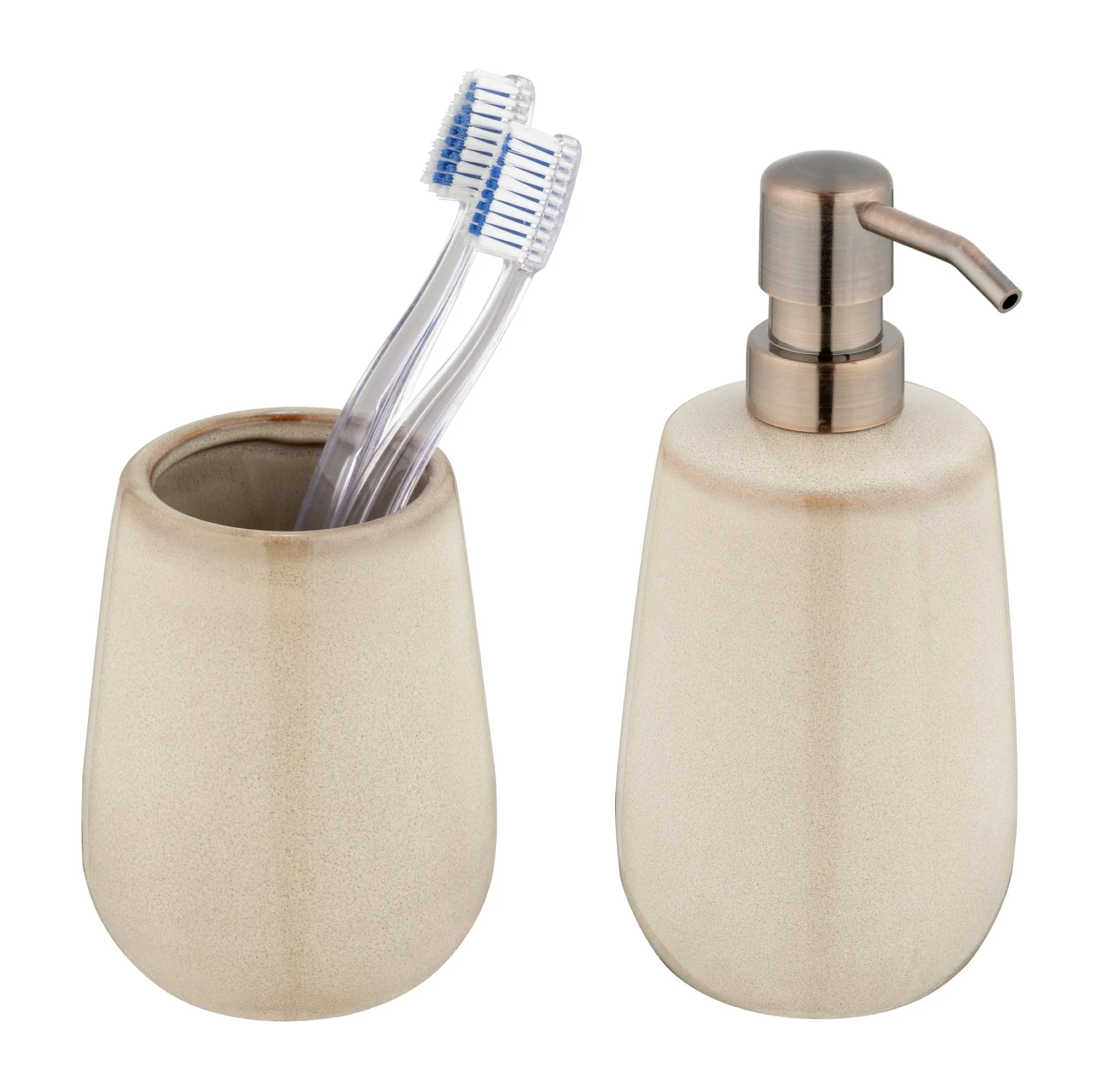 WENKO SIRMIONE Accessoire Set, Beige, Zahnputzbecher, Seifenspender, Keramik