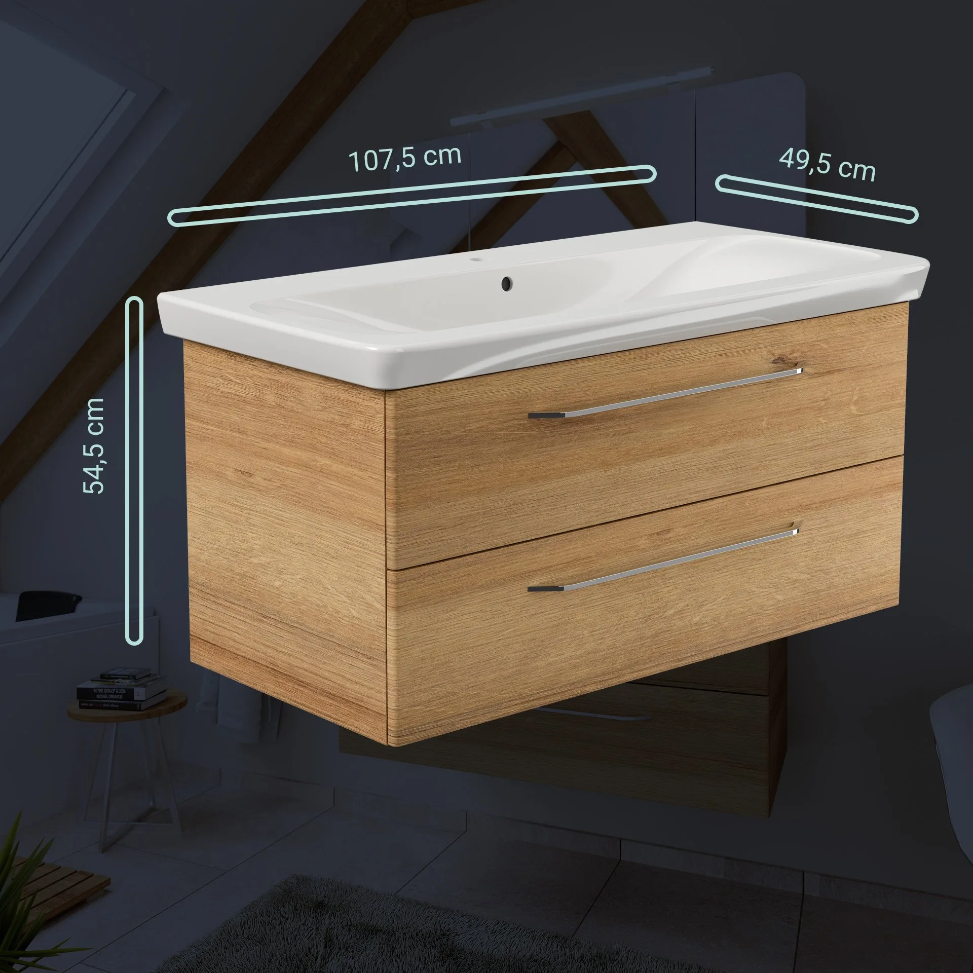 FACKELMANN MILANO Waschbecken mit Unterschrank 107 cm breit, Braun hell, Waschbecken Keramik Weiß