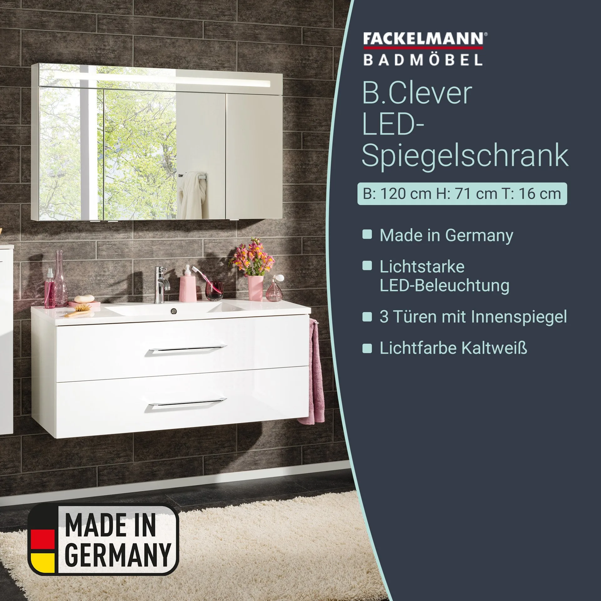 FACKELMANN B.CLEVER LED Spiegelschrank 120 cm breit, Weiß, 3 Türen