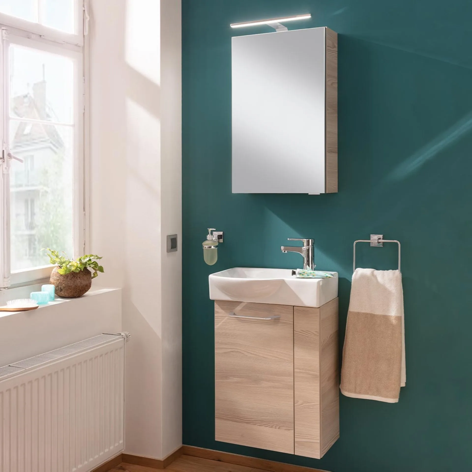 FACKELMANN SBC B.CLEVER Gäste WC Waschtisch Set 45 cm breit, Braun hell, Waschbecken Keramik Weiß, Türanschlag links