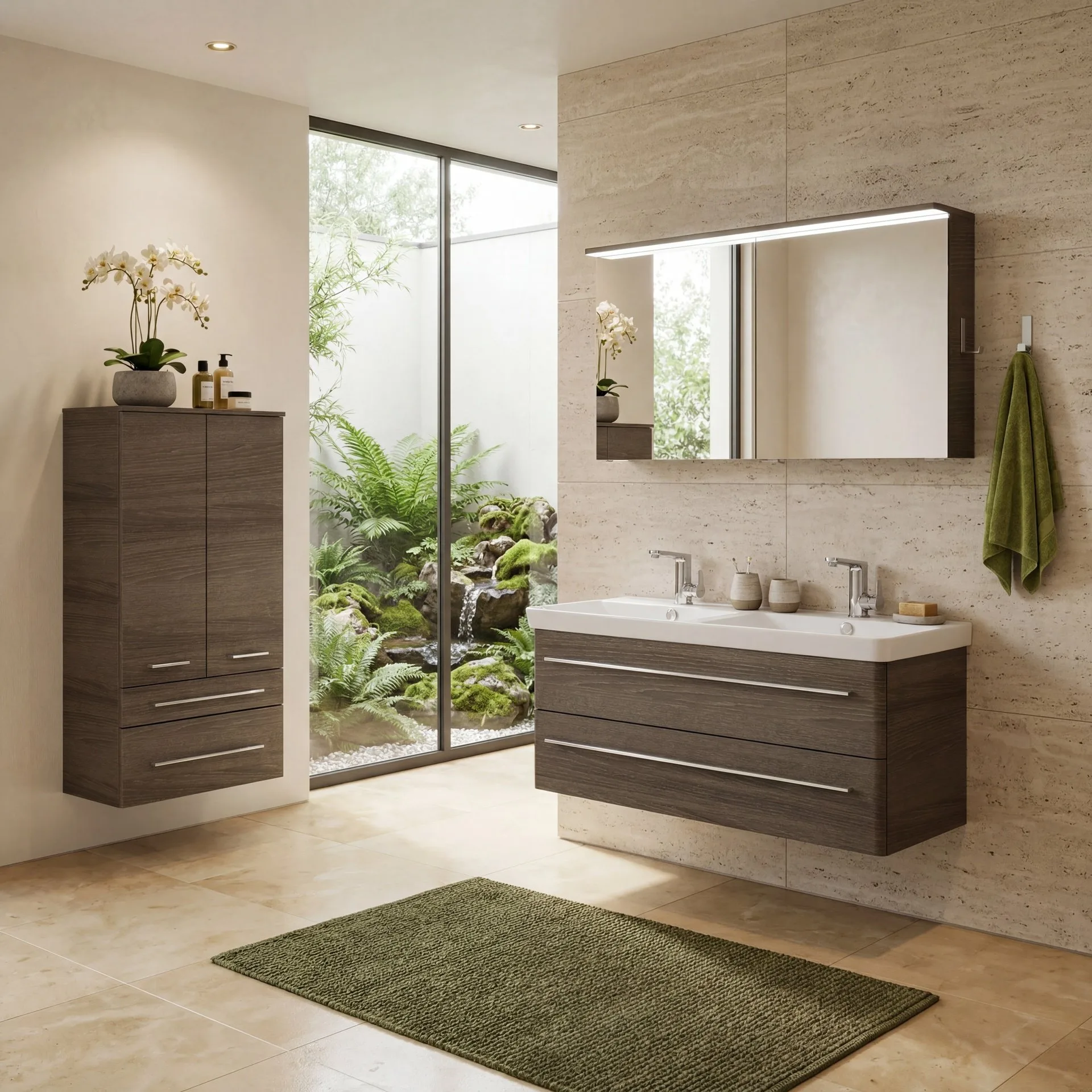 LANZET K8 Waschtisch Set mit Spiegelschrank 120 cm breit, Braun dunkel, Doppelwaschbecken Keramik Weiß