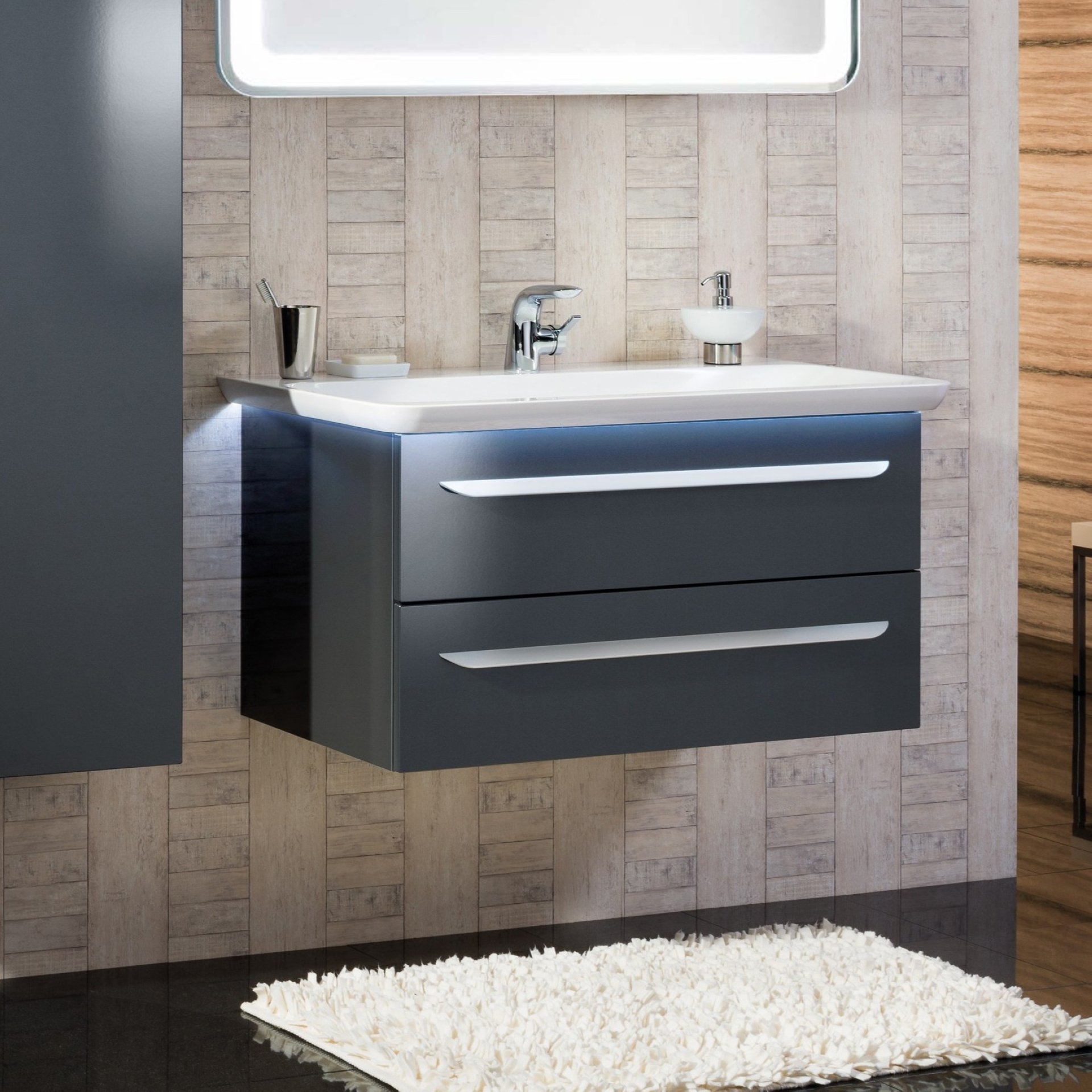 Lanzet M9 Waschbecken mit Unterschrank 100 cm breit, Anthrazit, mit Waschbeckenbeleuchtung