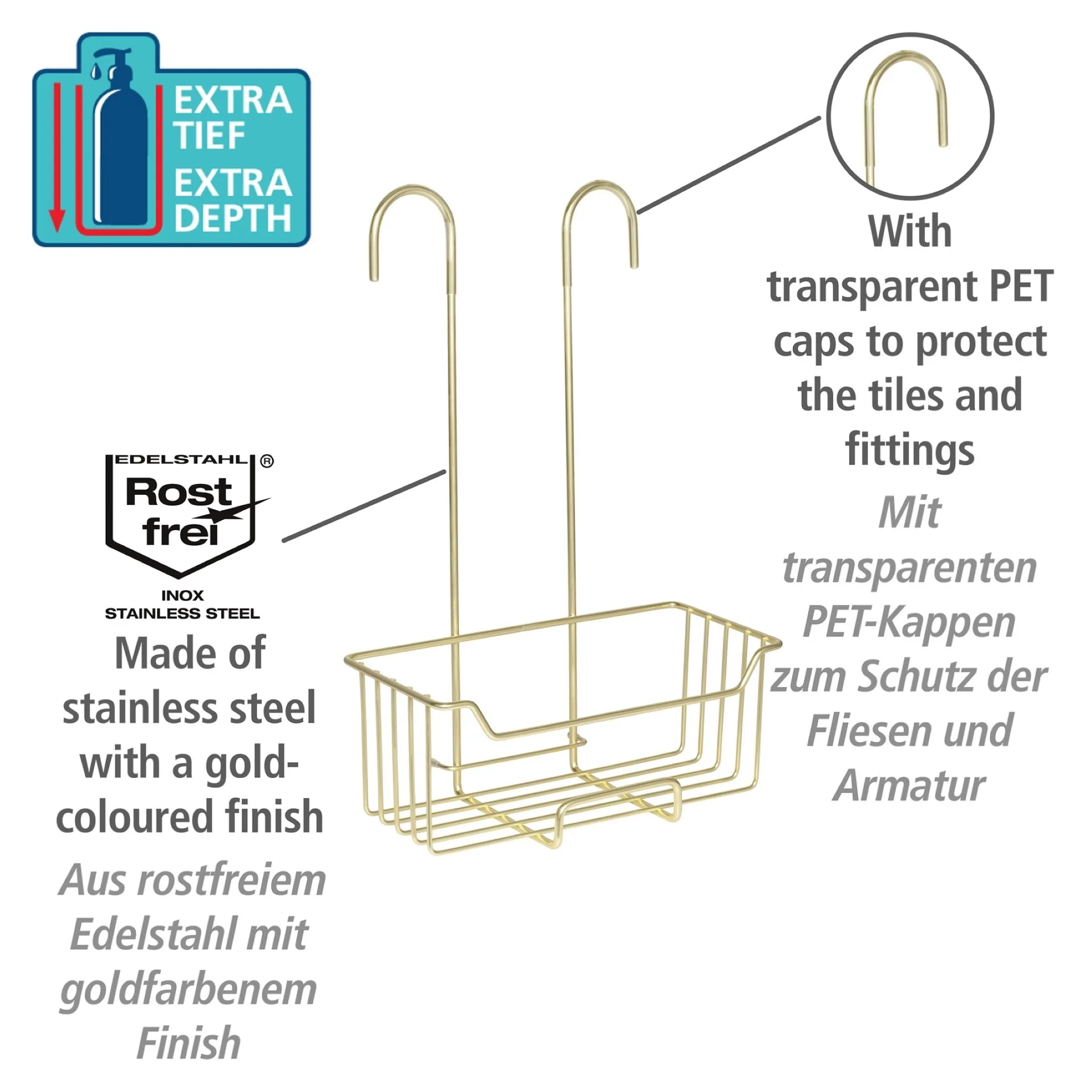 WENKO MILO Duschablage, Gold, Edelstahl rostfrei, zum Einhängen