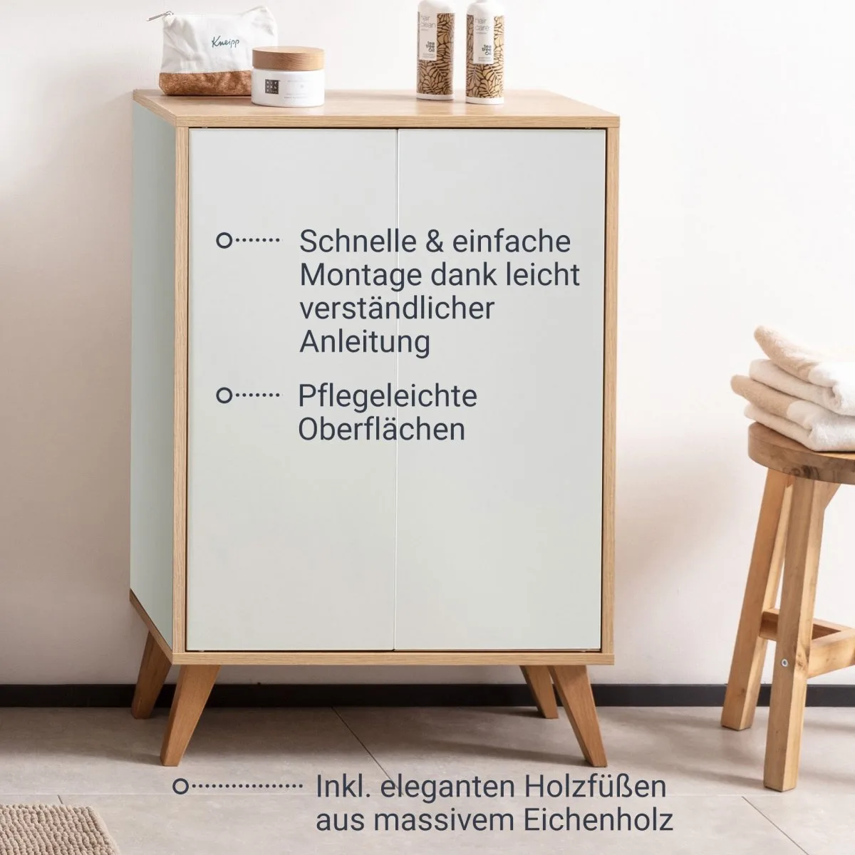 FACKELMANN FINN Doppel Midischrank 60 cm breit, Weiß/Braun hell + Holzfüße