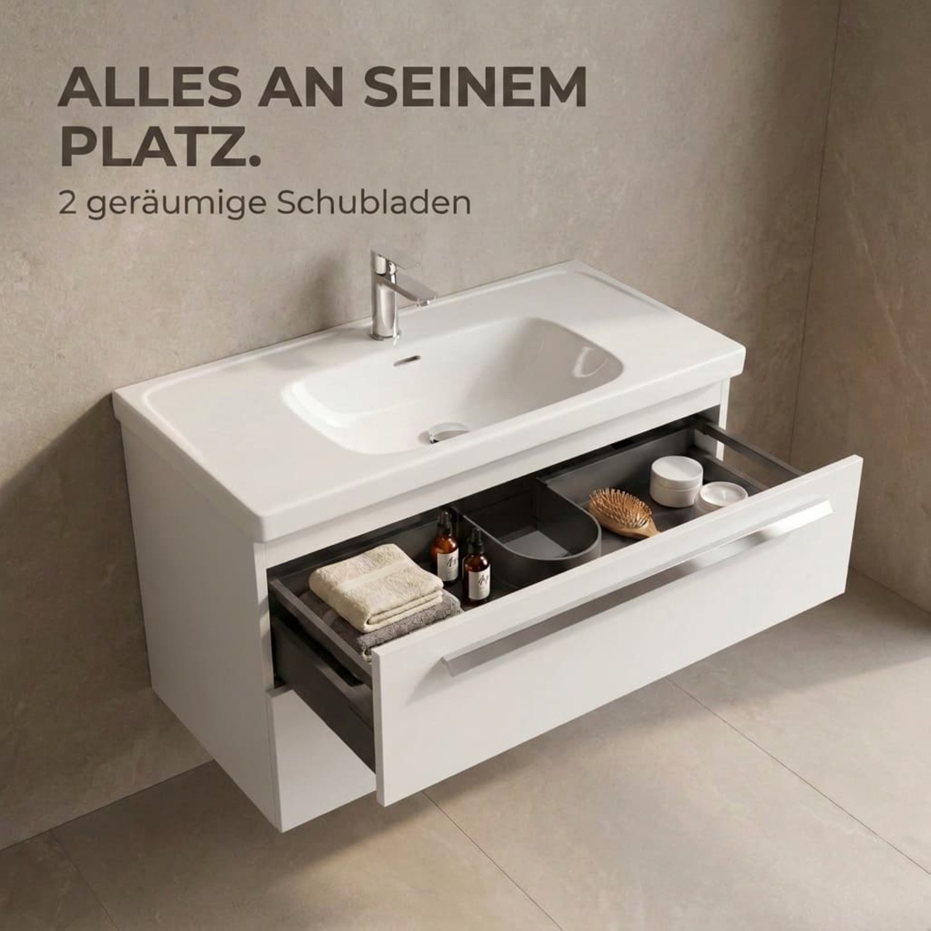 BADEDU TESSANO Waschbecken mit Unterschrank 90 cm breit, Weiß, Waschbecken Keramik Weiß