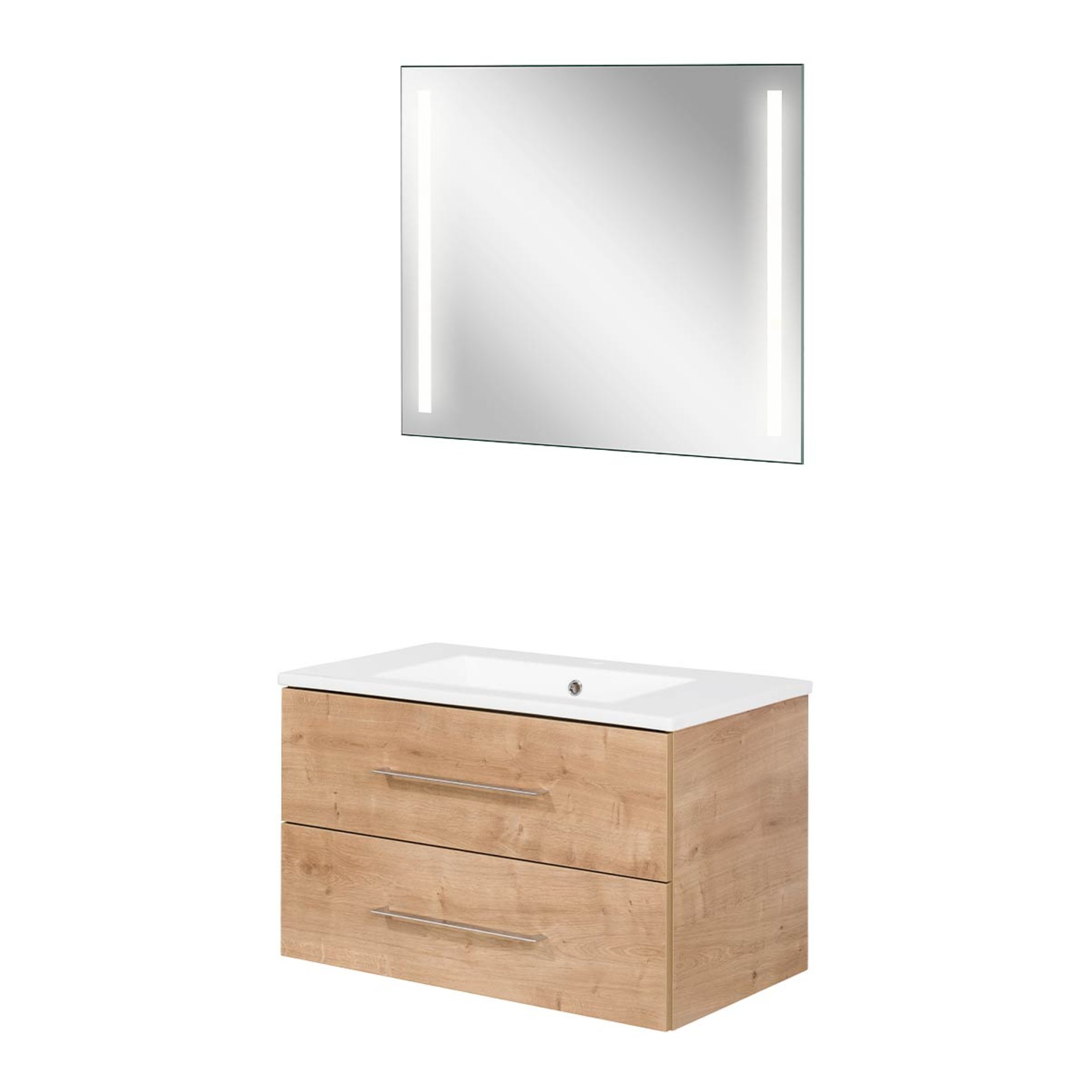 FACKELMANN B.PERFEKT Waschtisch Set mit Spiegel 82 cm breit, Braun hell, Waschbecken Keramik Weiß