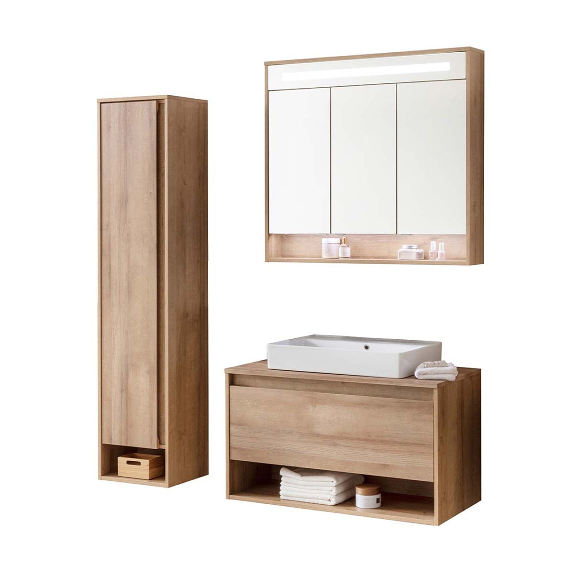 Fackelmann NATURA Badmöbel Set 4-teilig, 94 cm, Braun hell + Spiegelschrank + Hochschrank links