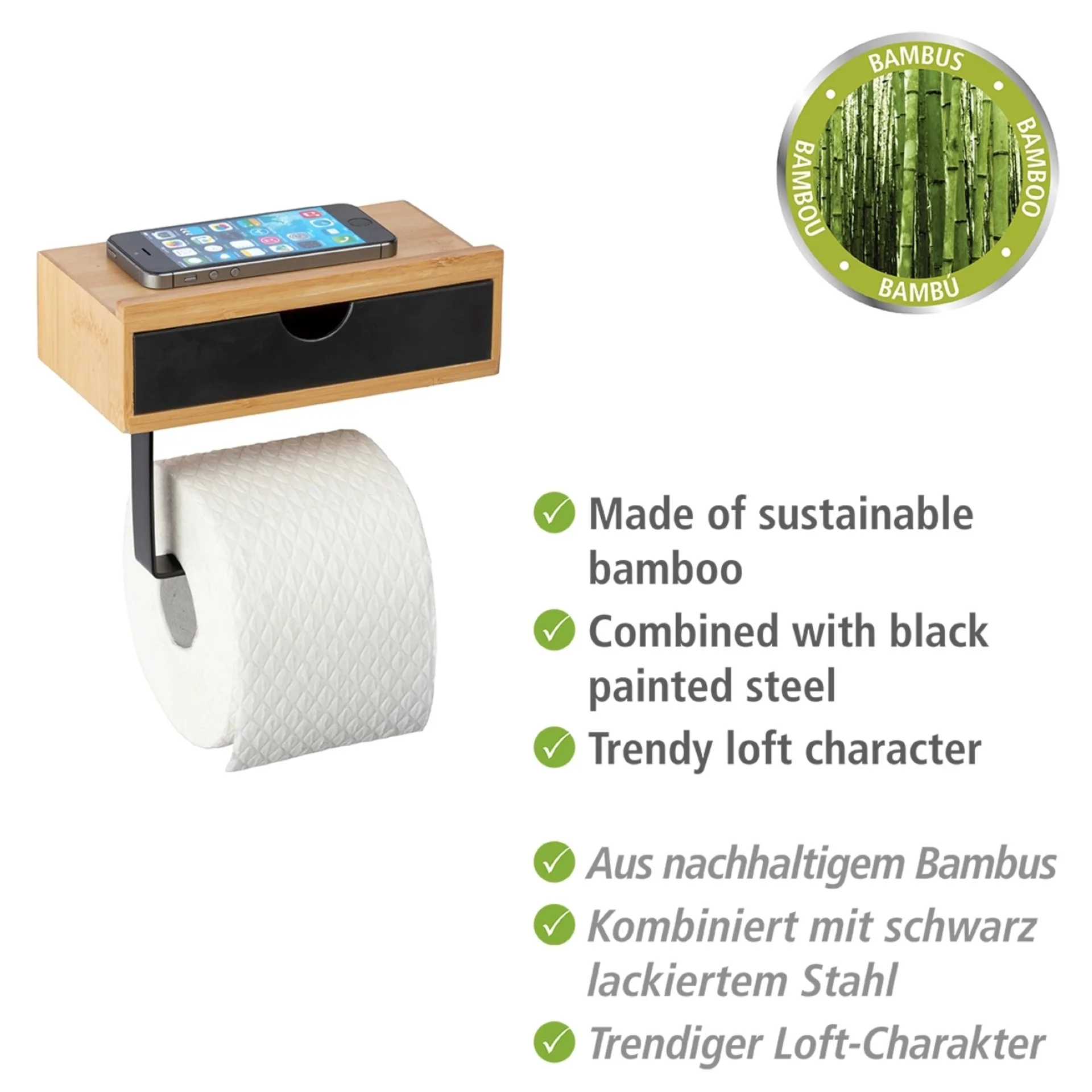 WENKO BAMBUSA Toilettenpapierhalter, Braun/Schwarz, mit Schublade