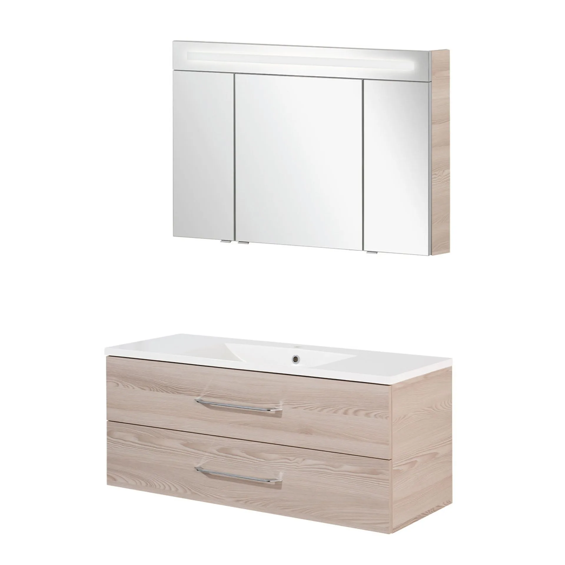 FACKELMANN B.CLEVER Waschtisch Set mit Spiegelschrank 120 cm breit, Braun hell, Waschbecken Gussmarmor Weiß