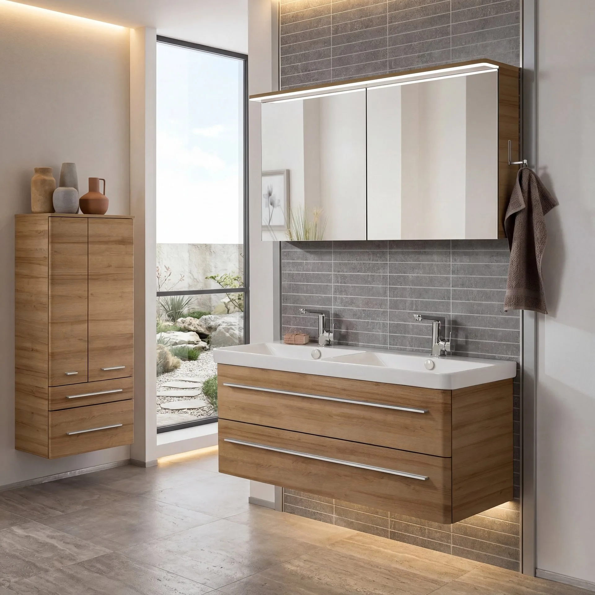 LANZET K8 Waschtisch Set mit Spiegelschrank 120 cm breit, Braun hell, Doppelwaschbecken Keramik Weiß
