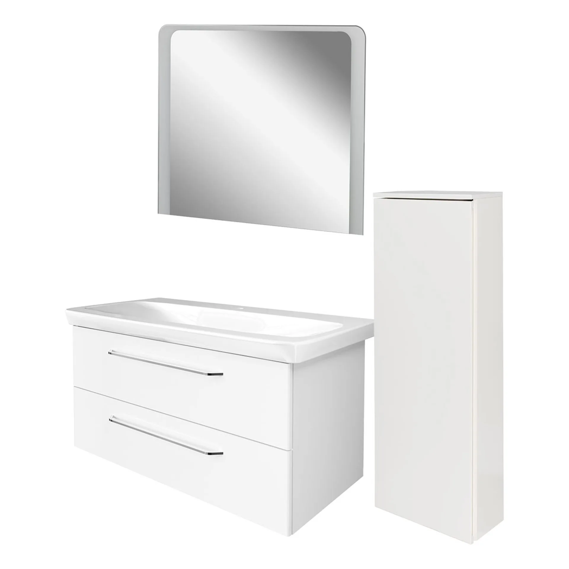 FACKELMANN MILANO Badmöbel Set 4-teilig 107 cm breit, Weiß, Waschbecken Keramik Weiß + LED Spiegel + Kofferschrank Türanschlag rechts