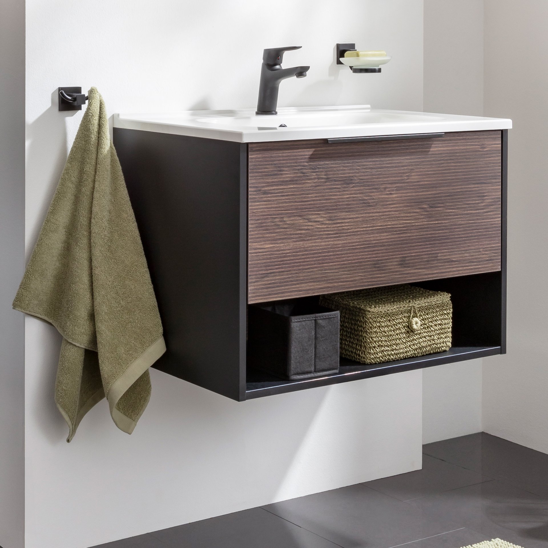 Fackelmann B.PARIS Badmöbel Set 2-teilig 70 cm breit, Braun dunkel/Schwarz, Gussmarmor