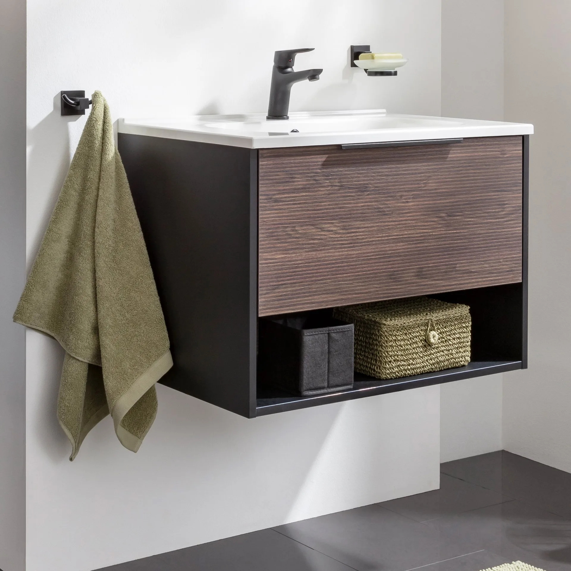FACKELMANN B.PARIS Waschbecken mit Unterschrank 70 cm breit, Braun Dunkel/Schwarz, Waschbecken Gussmarmor Weiß