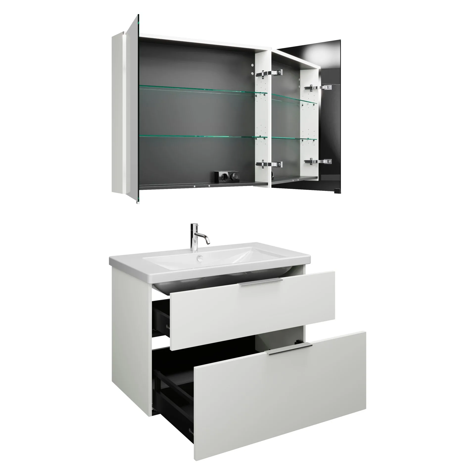 Burgbad EQIO Waschtisch Set mit Spiegelschrank 93 cm breit, Weiß Hochglanz, Waschbecken Keramik Weiß