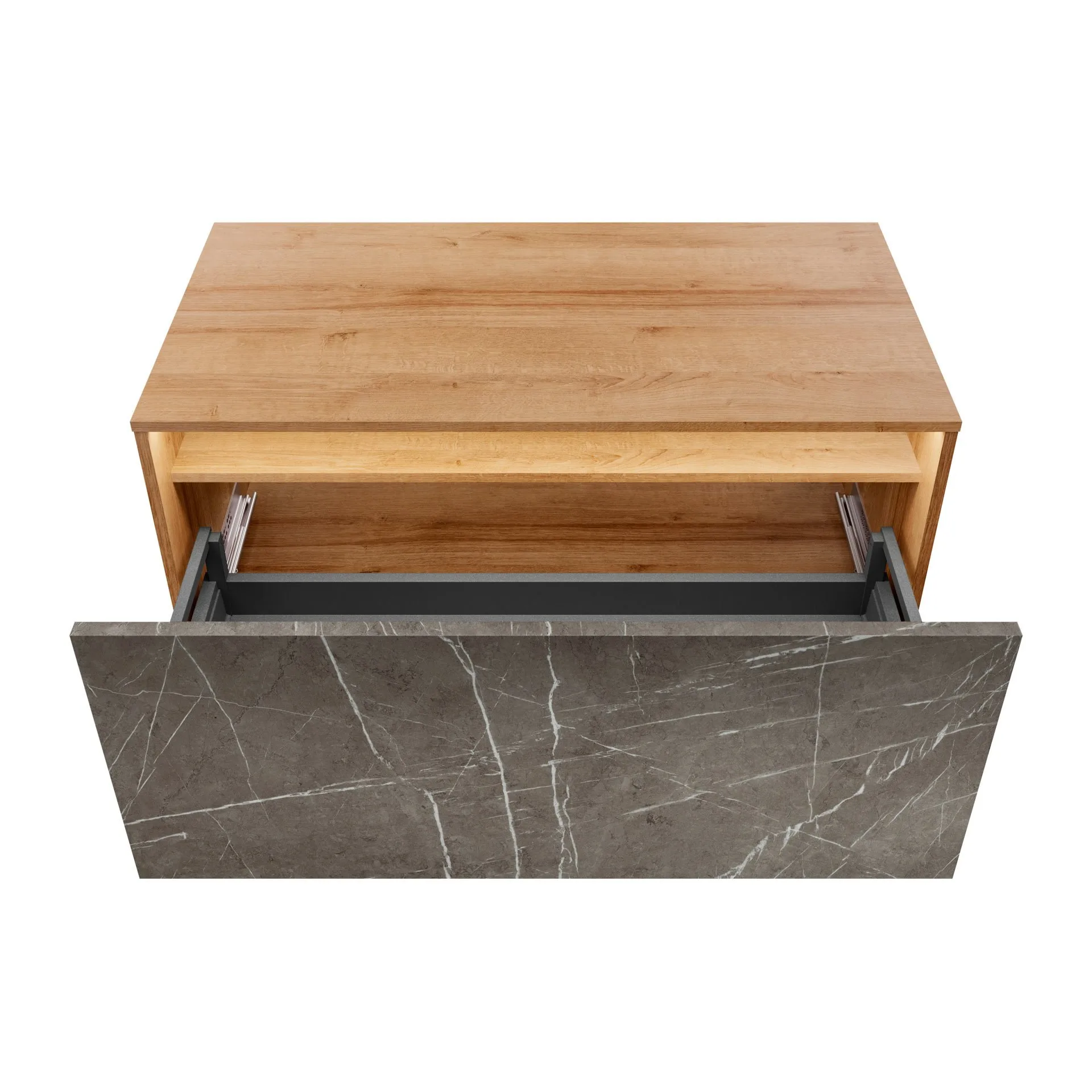 LANZET DUNE Waschbeckenunterschrank 100,3 cm breit, Braun hell/Marmor Grau, inkl. LED Beleuchtung