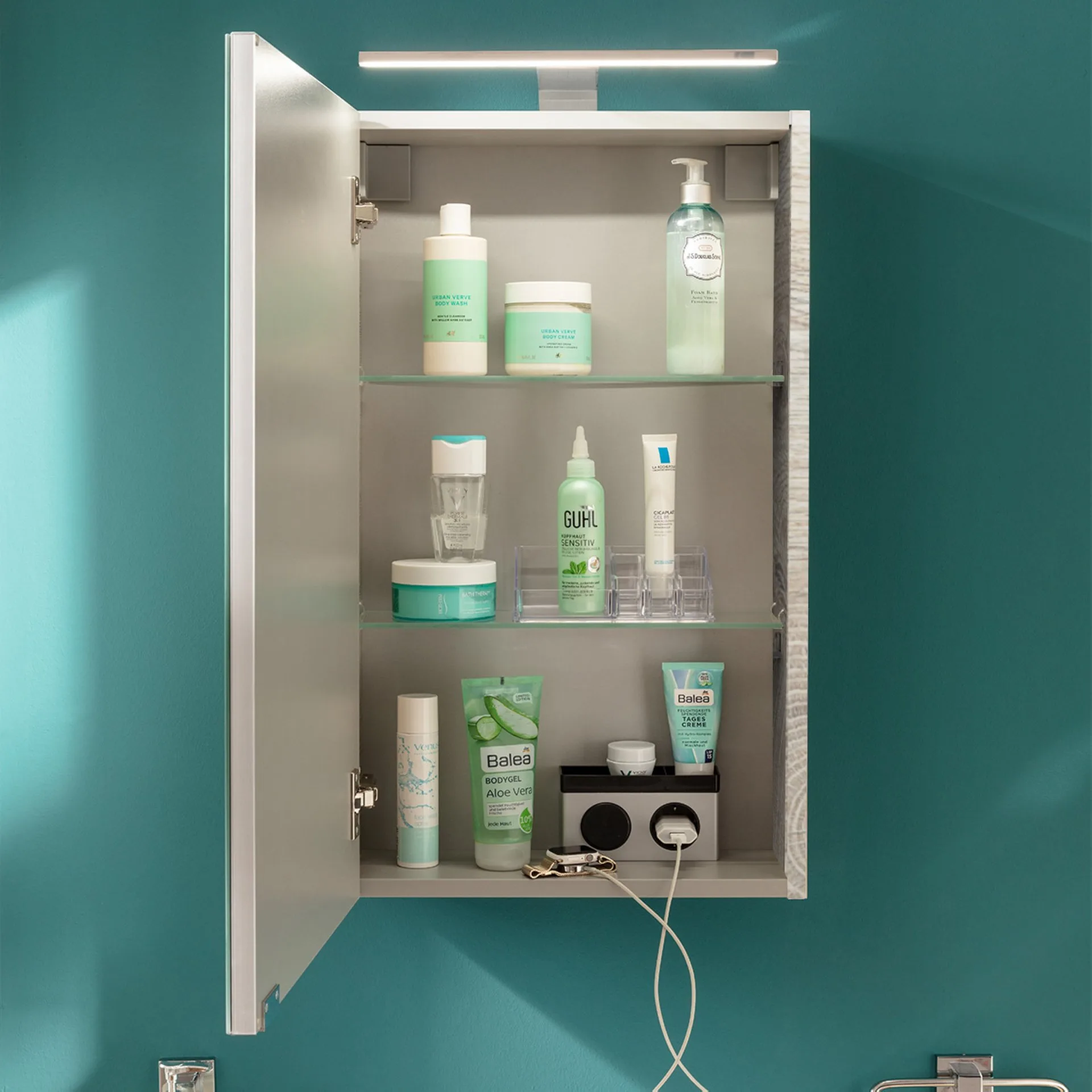 FACKELMANN SBC STANFORD Gäste WC Spiegelschrank 40 cm breit, Braun hell, Türanschlag links + Aufsatzleuchte