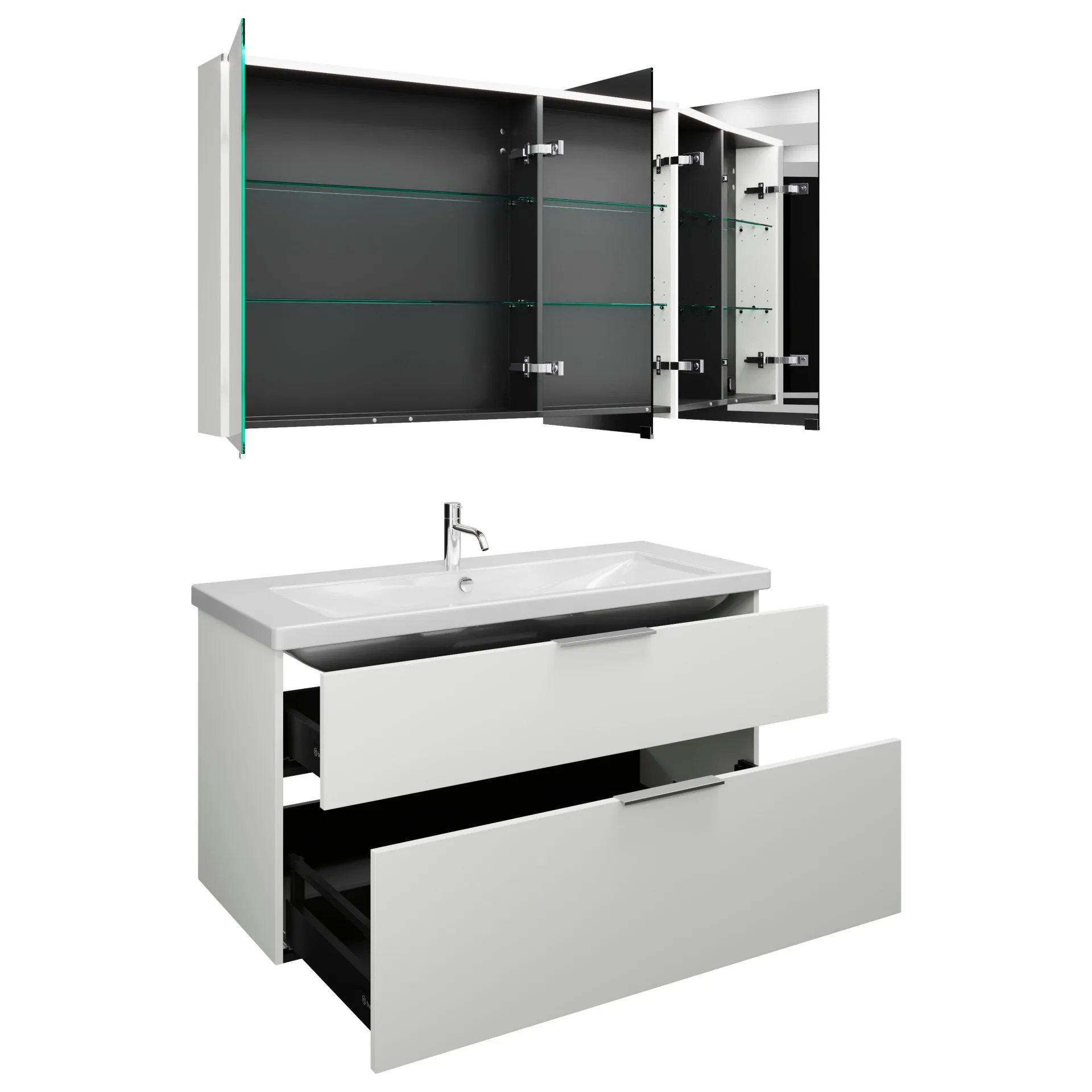 Burgbad EQIO Waschtisch Set mit Spiegelschrank 123 cm breit, Weiß Hochglanz, Waschbecken Keramik Weiß, 3-türig