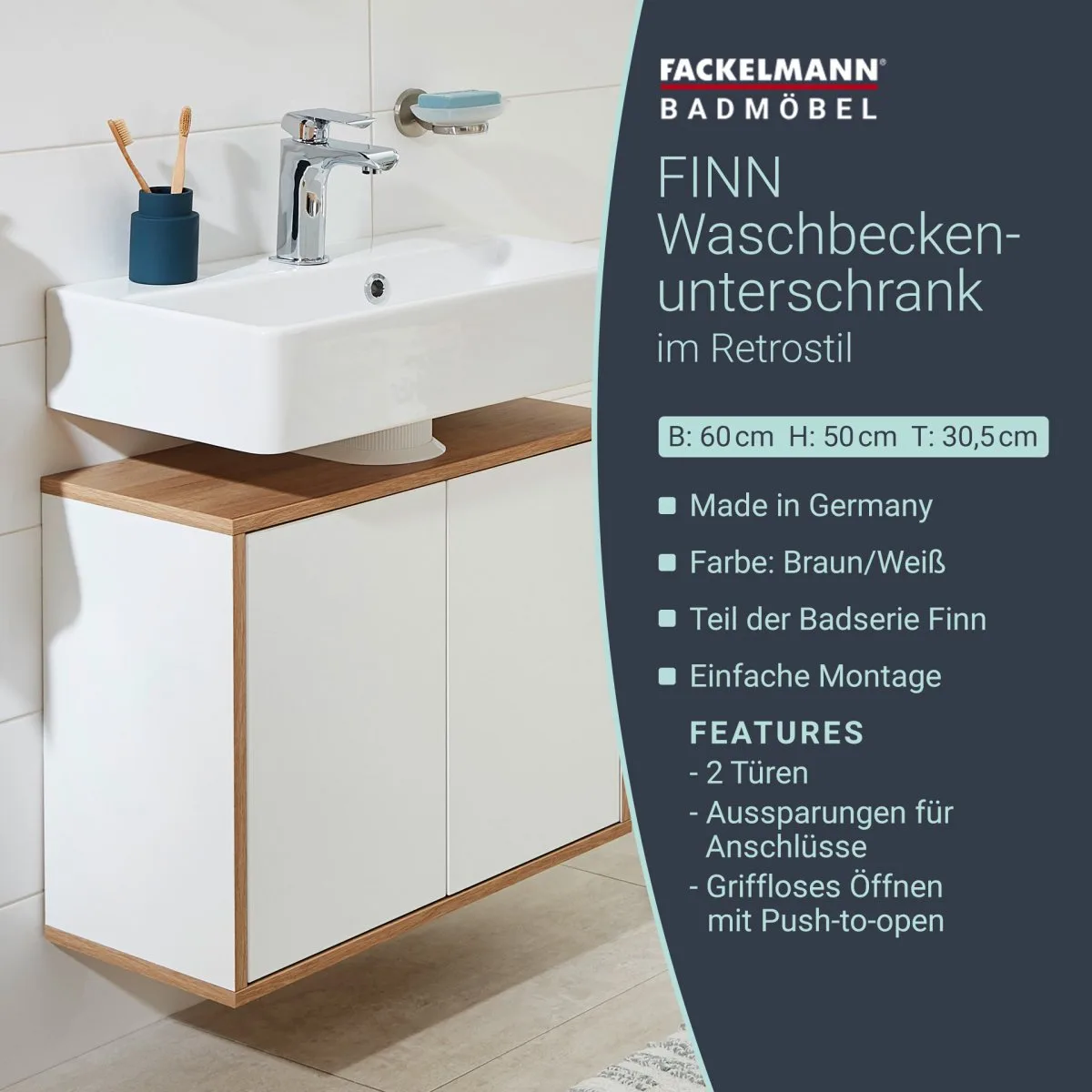 FACKELMANN FINN Waschbeckenunterschrank 60 cm breit, Weiß/Braun hell