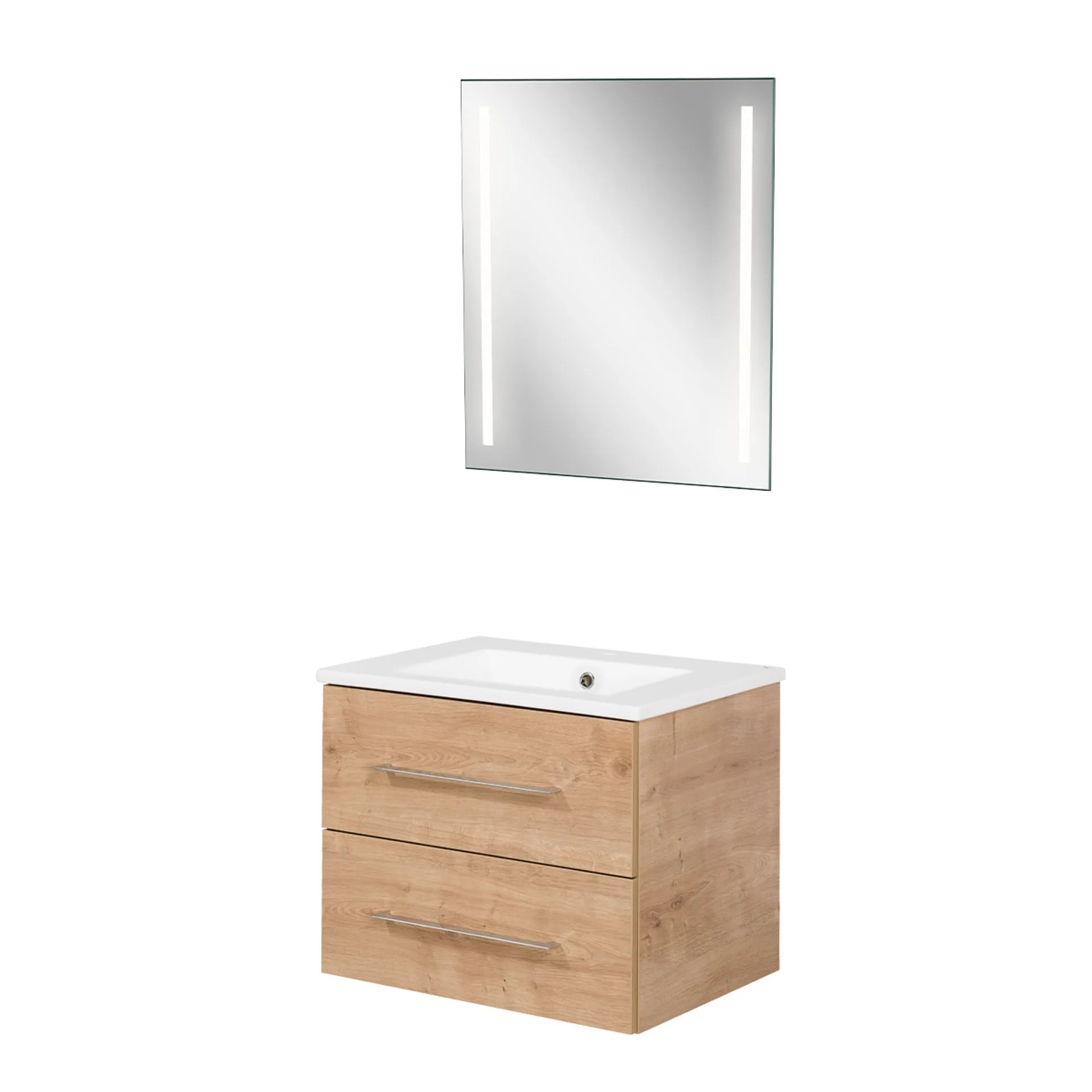 FACKELMANN B.PERFEKT Waschtisch Set mit Spiegel 62 cm breit, Braun hell, Waschbecken Keramik Weiß