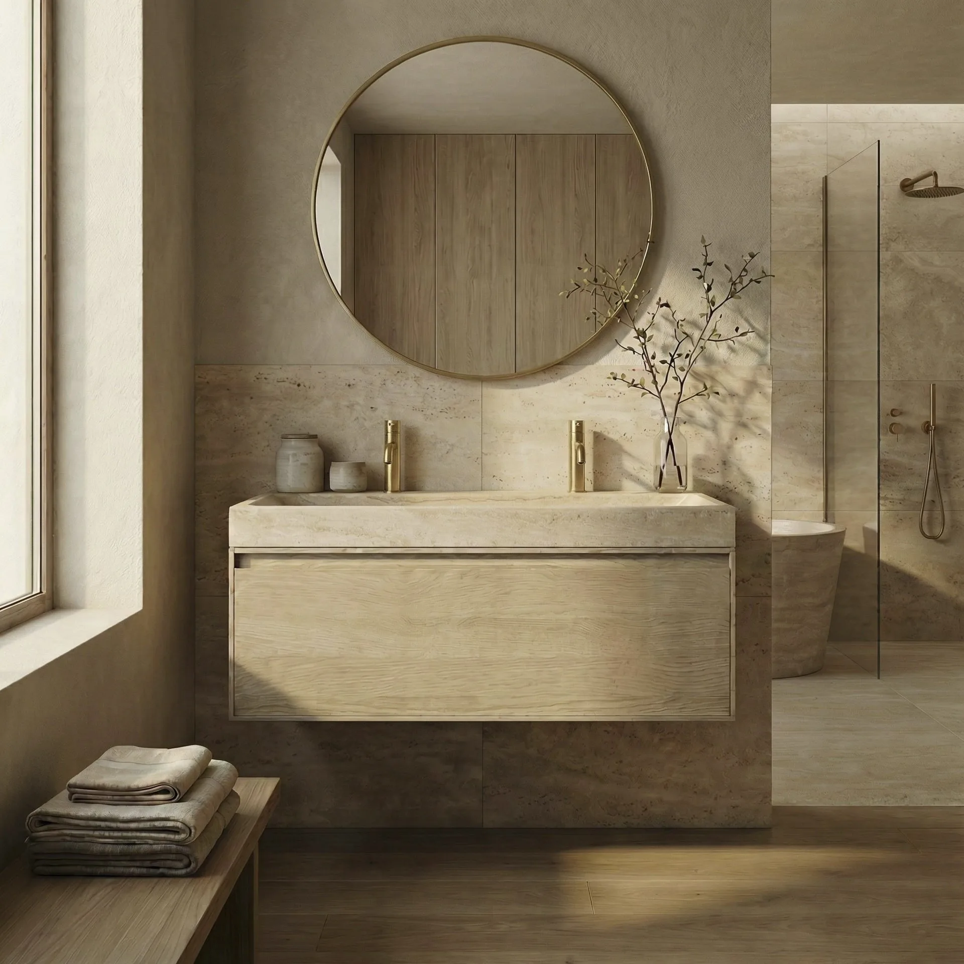 FORZALAQUA IBIZA BELLEZZA Waschbecken mit Unterschrank 100 cm breit, Braun hell, Natursteinwaschbecken Travertin matt mit zwei Hahnlöchern, 1 Schublade
