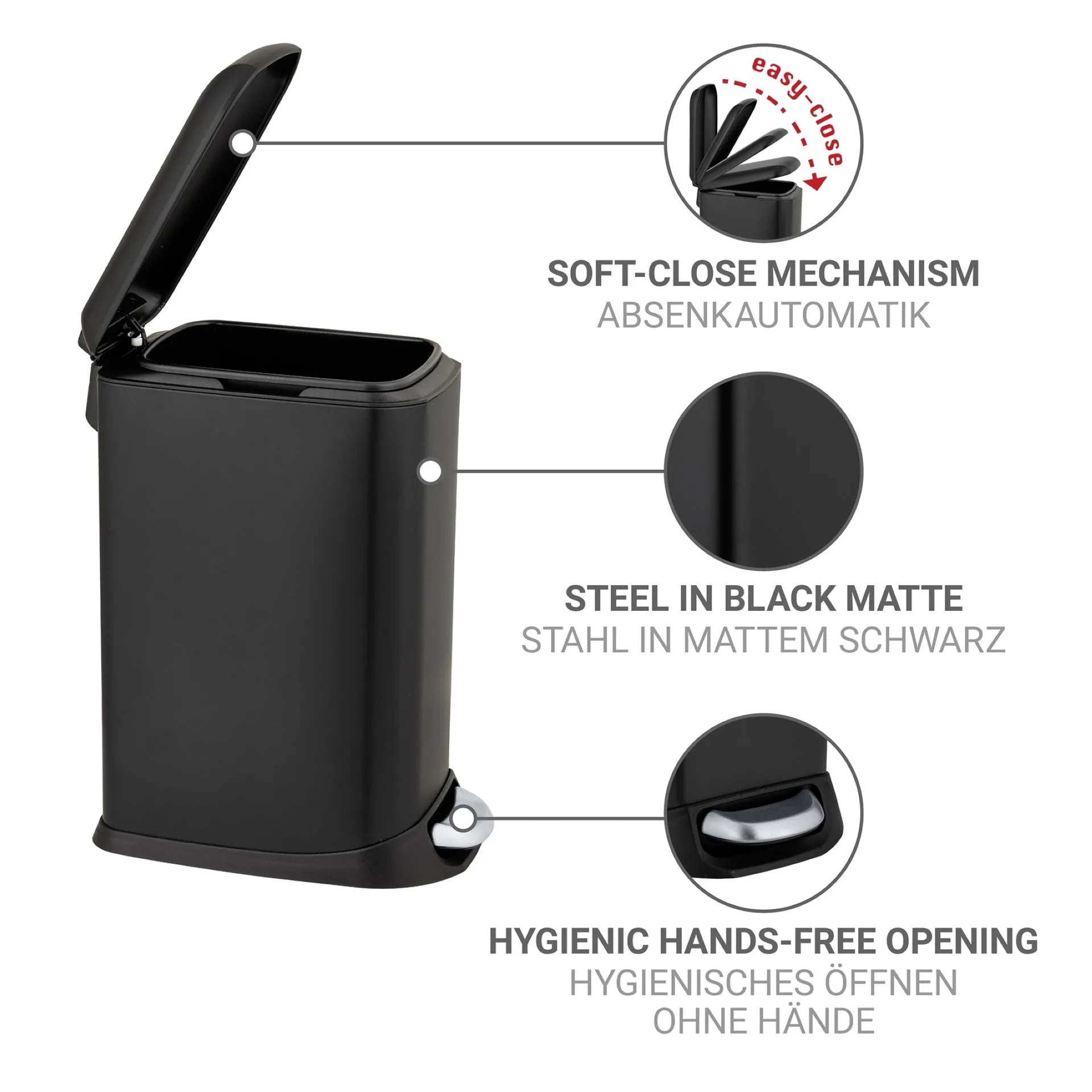 WENKO DESIGN Mülleimer 12 Liter, Schwarz, mit Absenkautomatik