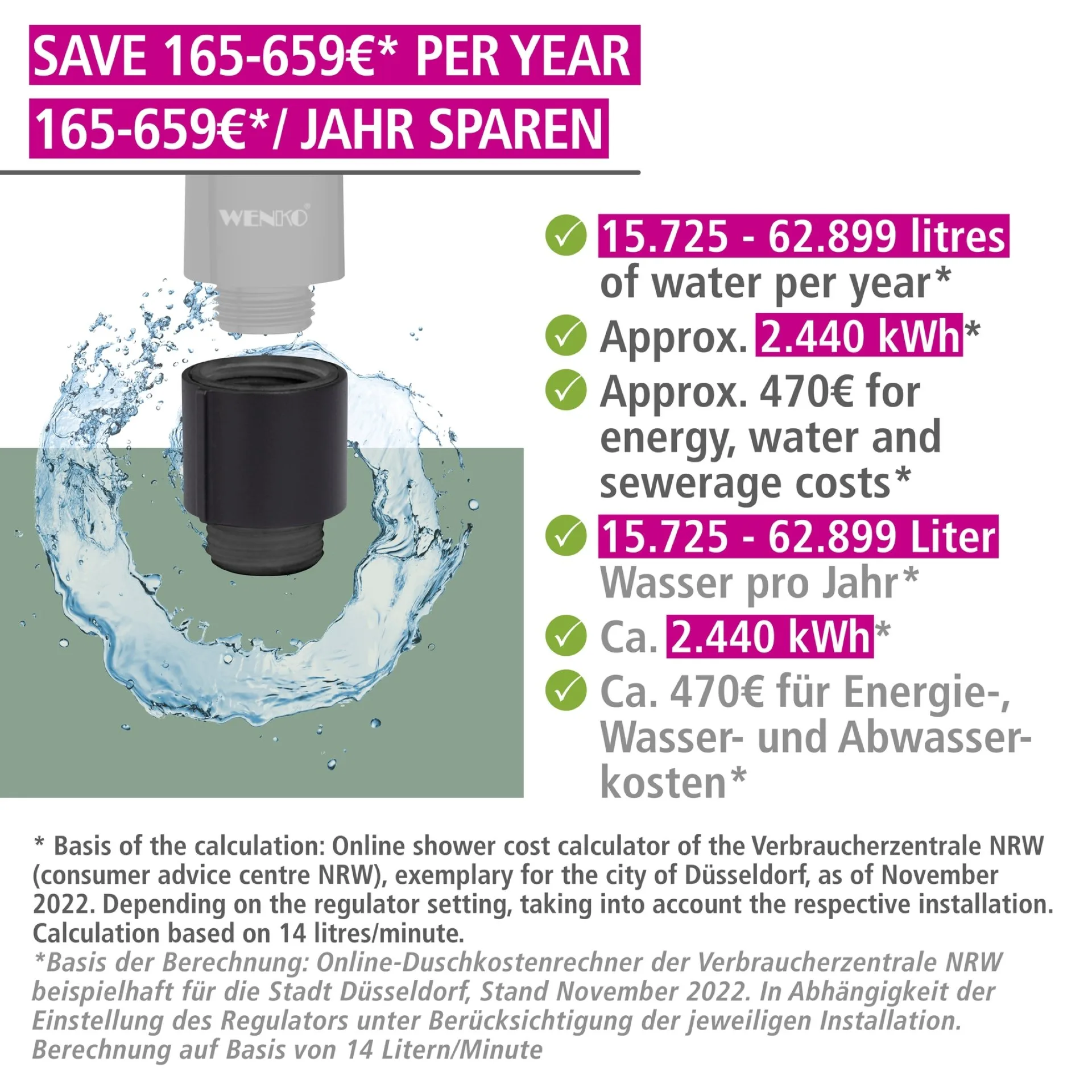 WENKO YOUNG ECO Duschsystem, Schwarz, mit Wassersparsystem, 5 verschiedene Wasserstrahlarten, Duschthermostat