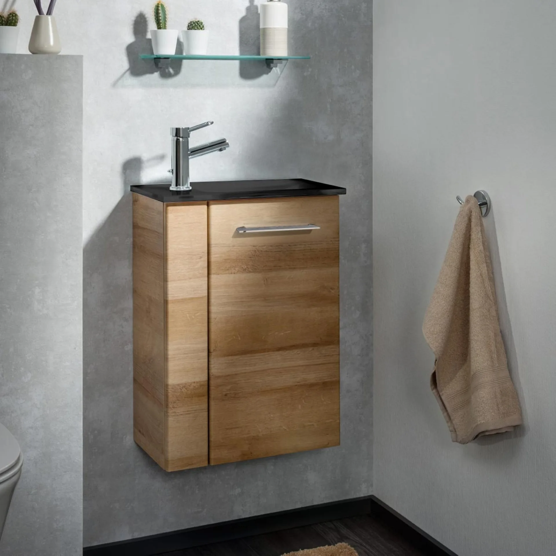 FACKELMANN SBC MILANO Gäste WC Waschtisch Set 45 cm breit, Braun hell, Waschbecken Glas Anthrazit, Türanschlag rechts