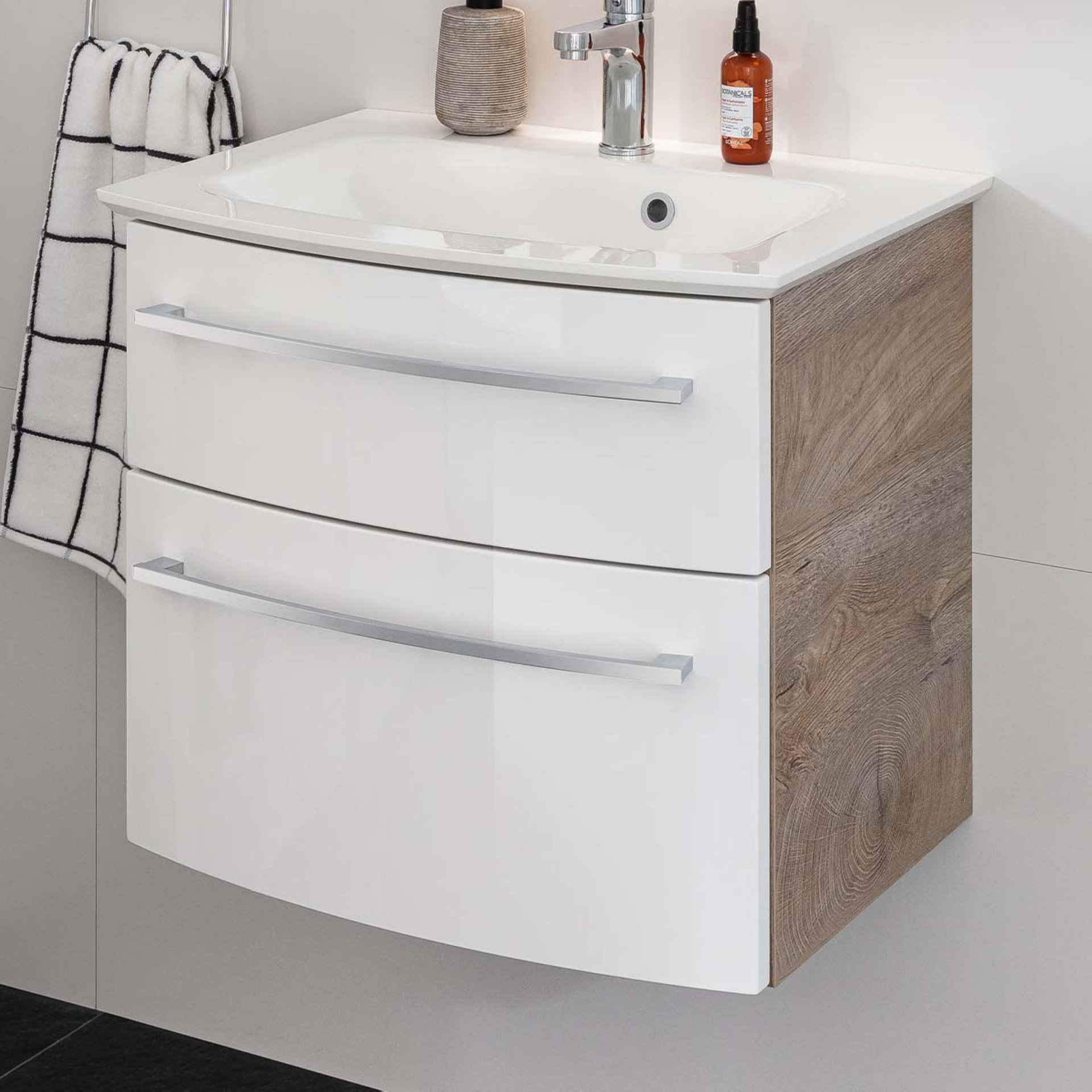 Fackelmann B.STYLE Badmöbel Set 2-teilig, 63,2 cm breit, Weiß/Braun, Gussmarmor