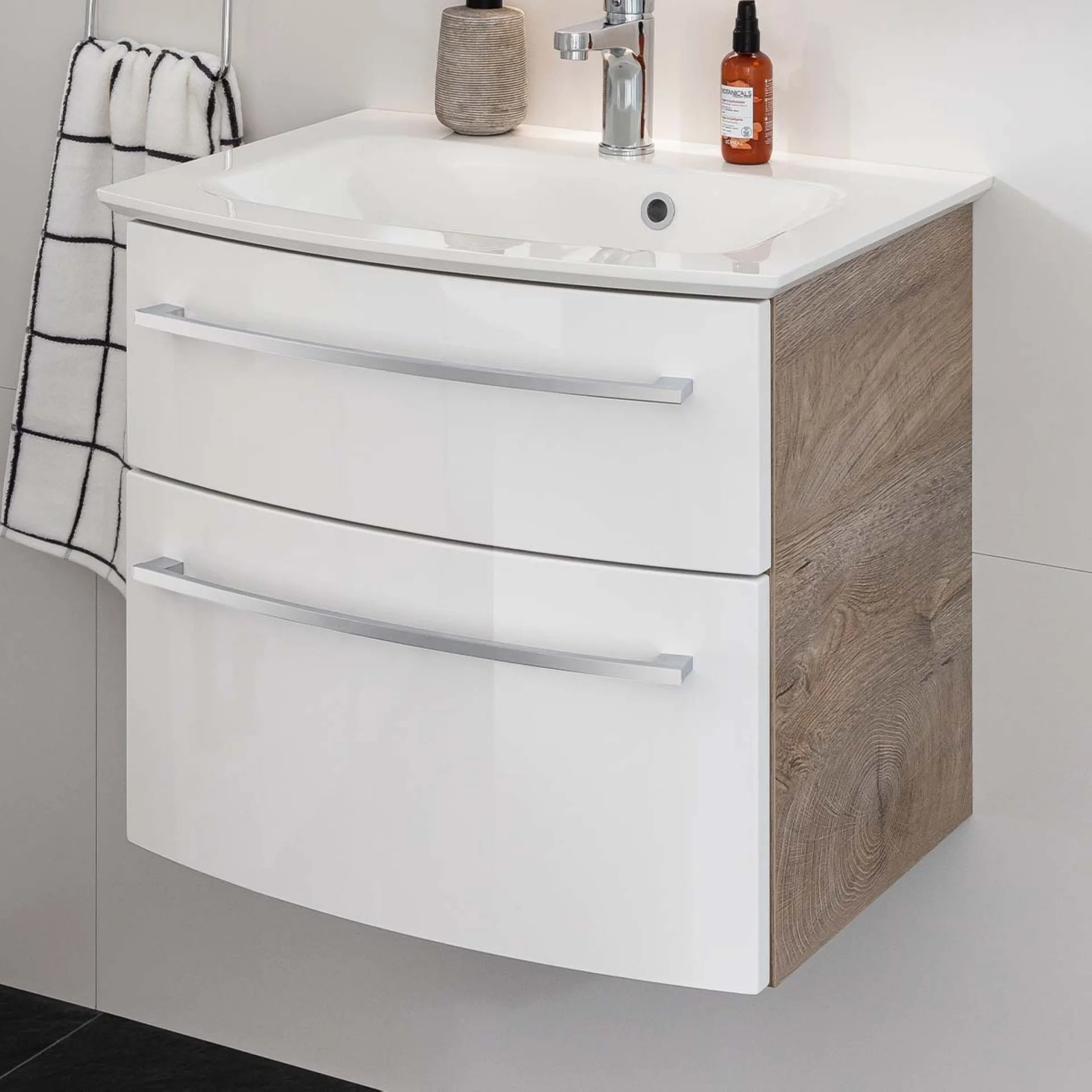 FACKELMANN B.STYLE Waschbecken mit Unterschrank 63 cm breit, Weiß/Braun hell, Waschbecken Gussmarmor Weiß