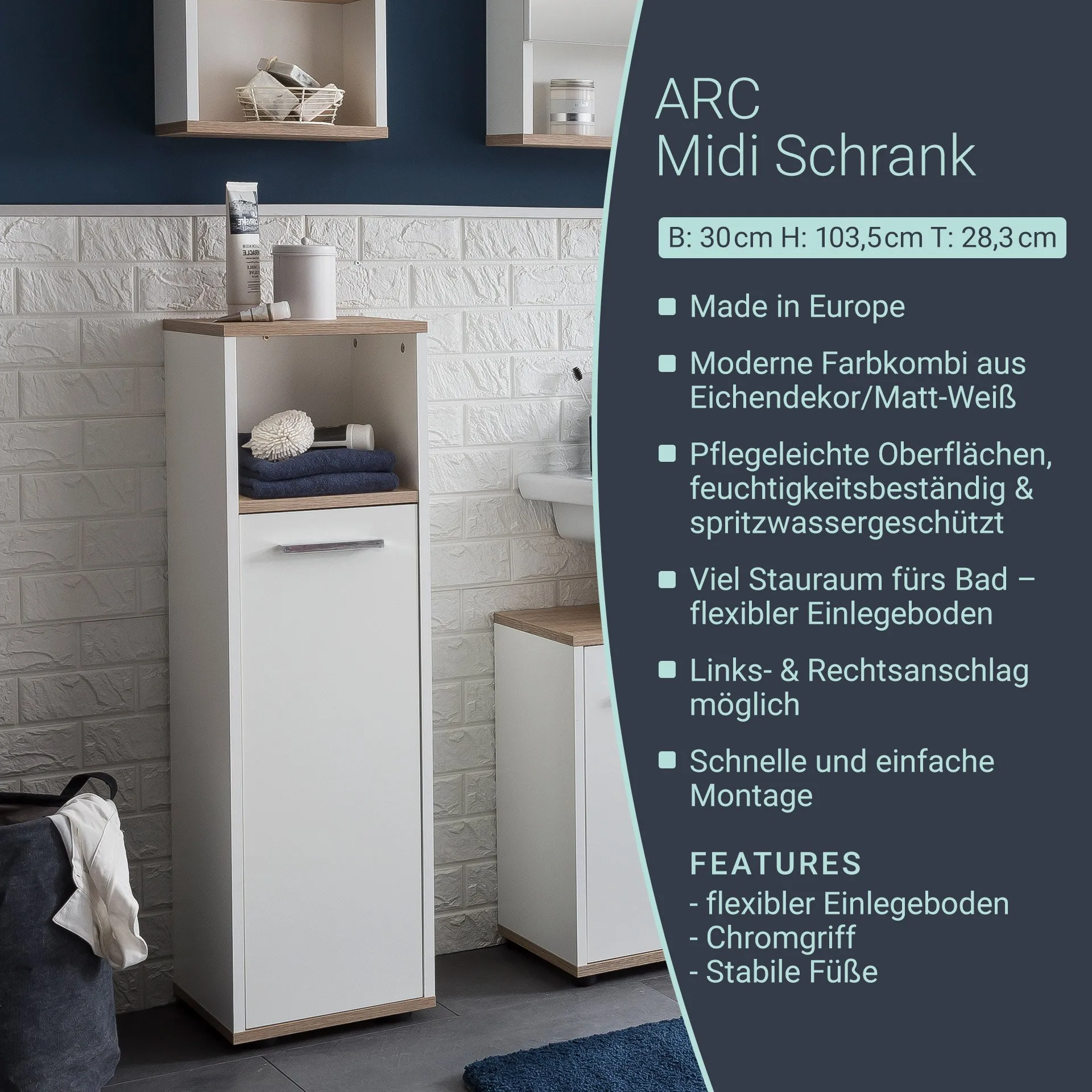 BADEDU ARC Midischrank 30 cm breit, Weiß/Braun hell