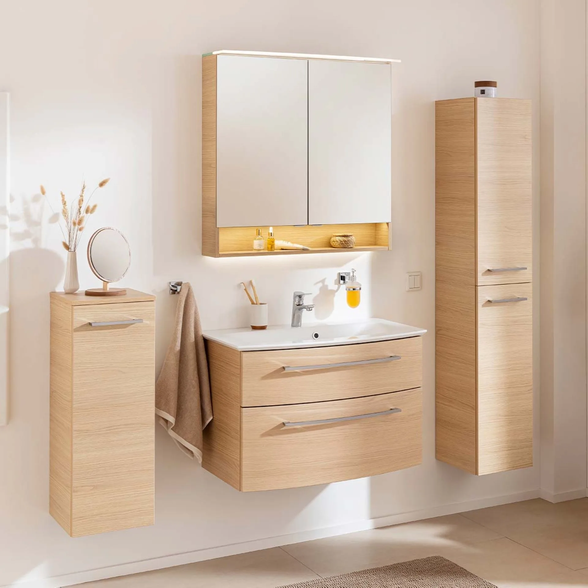 FACKELMANN B.STYLE Badmöbel Set 5-teilig 83 cm breit, Braun + LED Spiegelschrank + Midischrank + Hochschrank