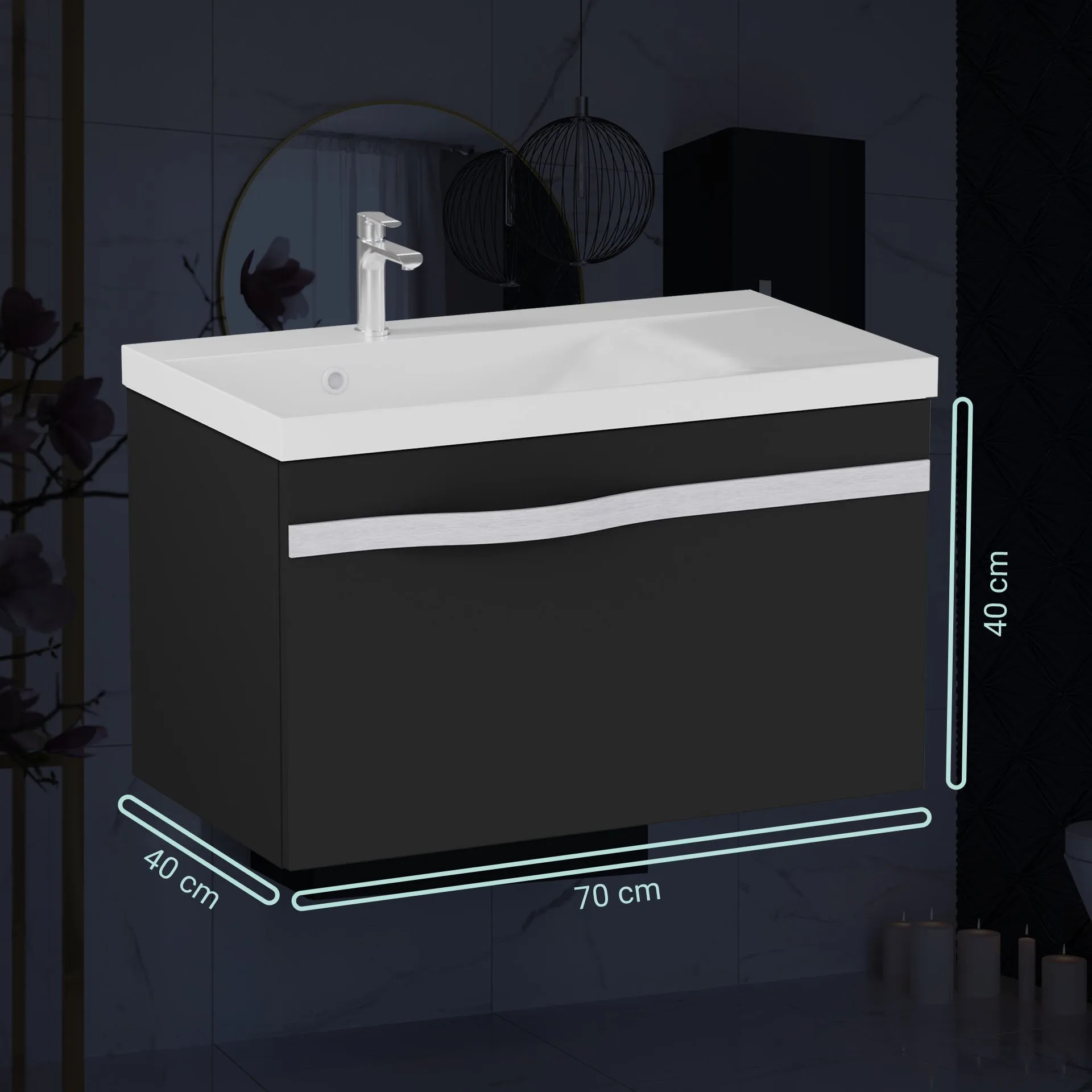 BADEDU FILS Waschbecken mit Unterschrank 69 cm breit, Schwarz, Waschbecken Gussmarmor Weiß, Griff Silber