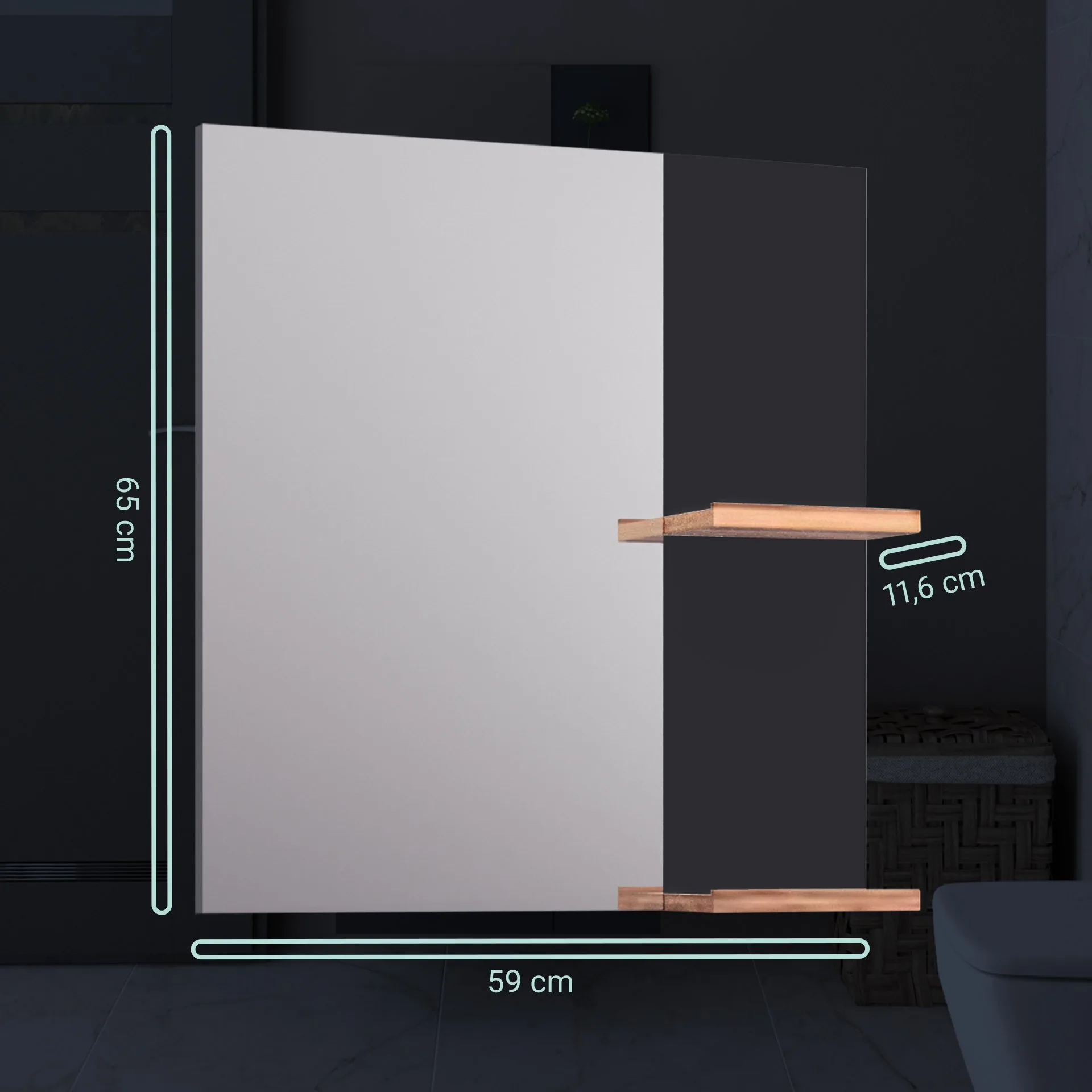 BADEDU HIERA Spiegel 59 cm breit, Anthrazit, zwei Ablagen