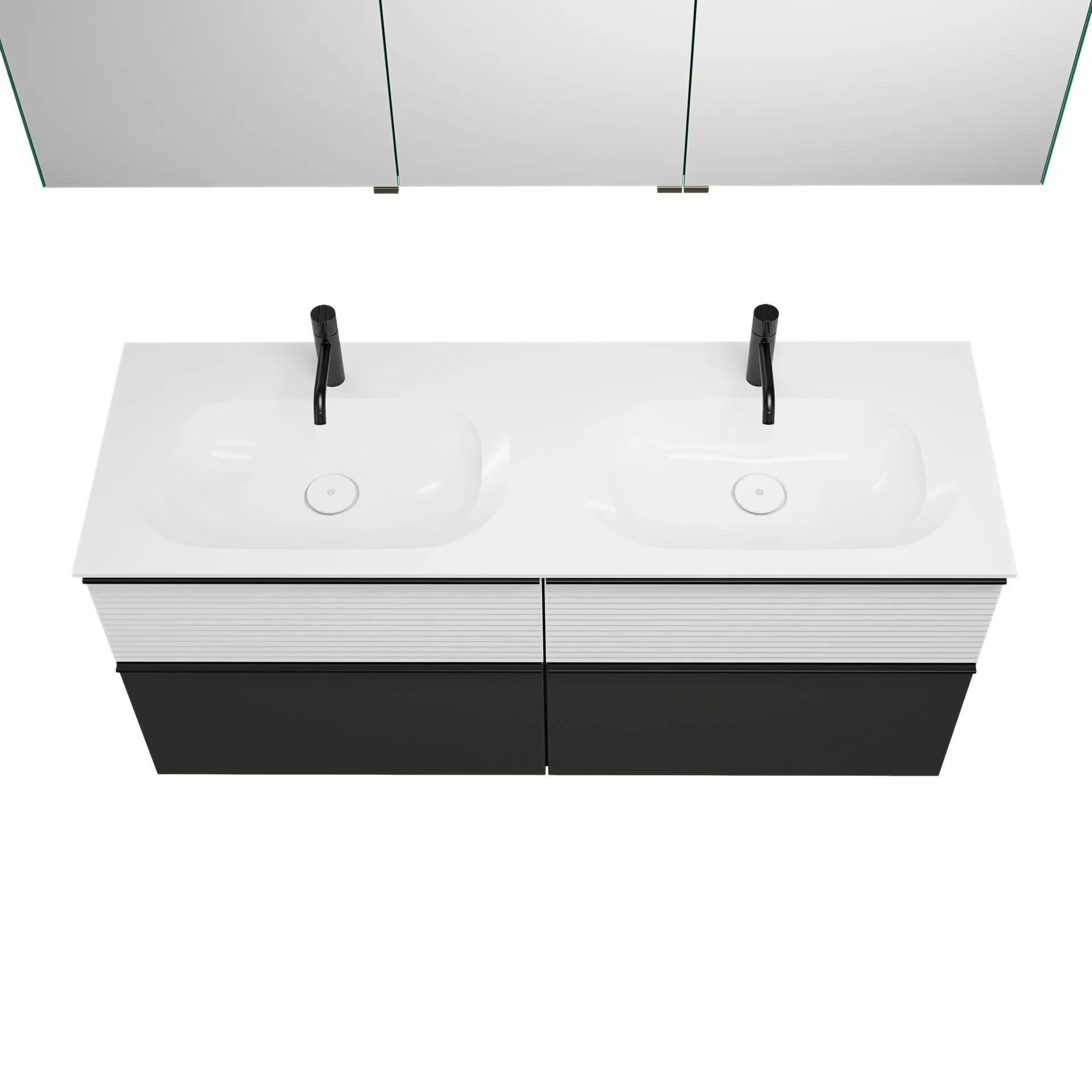 Burgbad FIUMO Waschtisch Set mit Spiegelschrank 142 cm breit, Weiß/Anthrazit, Doppelwaschbecken Gussmarmor Weiß, 4 Schubladen, Anschlag links