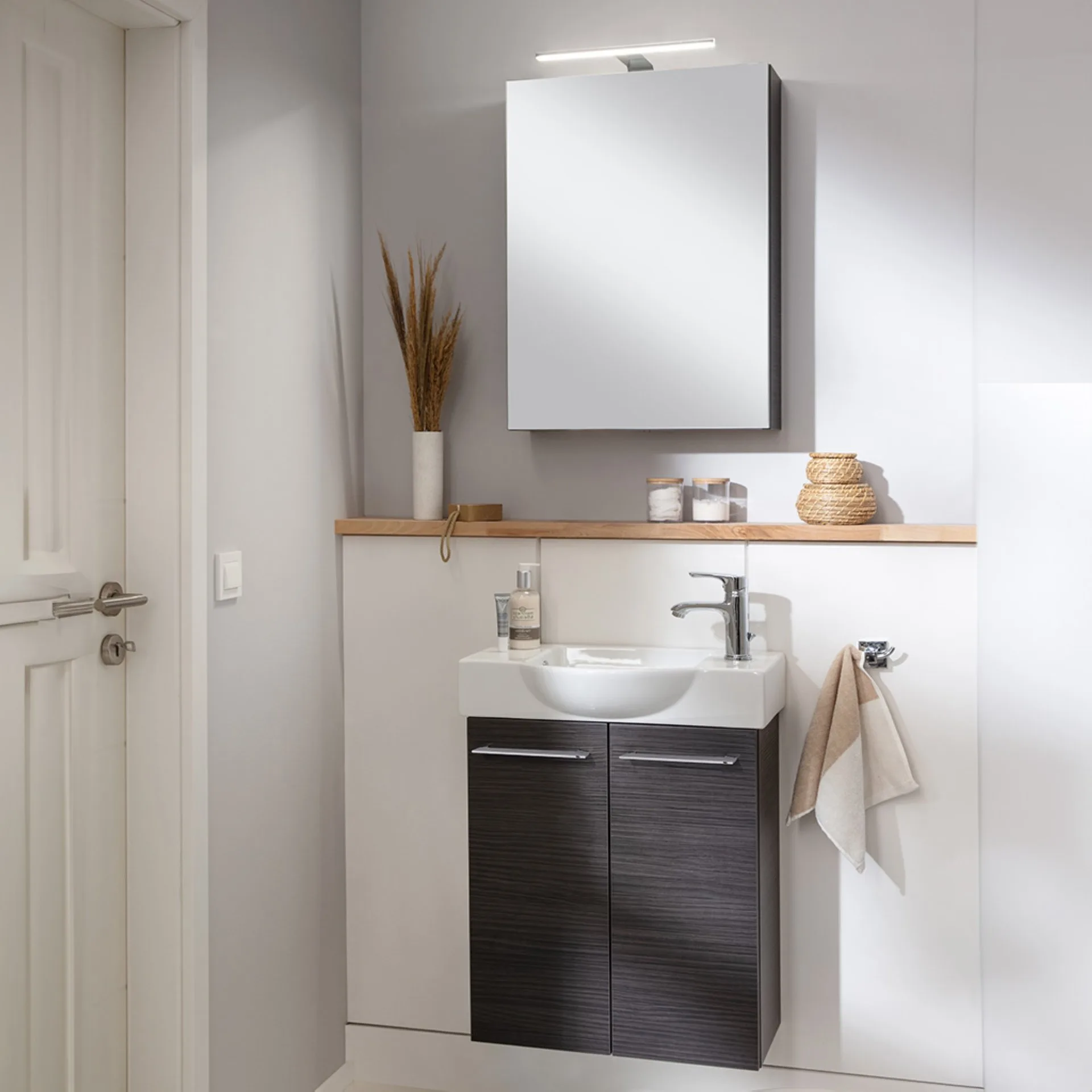 FACKELMANN SBC B.PERFEKT Gäste WC Waschtisch Set mit Spiegelschrank 55 cm breit, Anthrazit, Türanschlag rechts