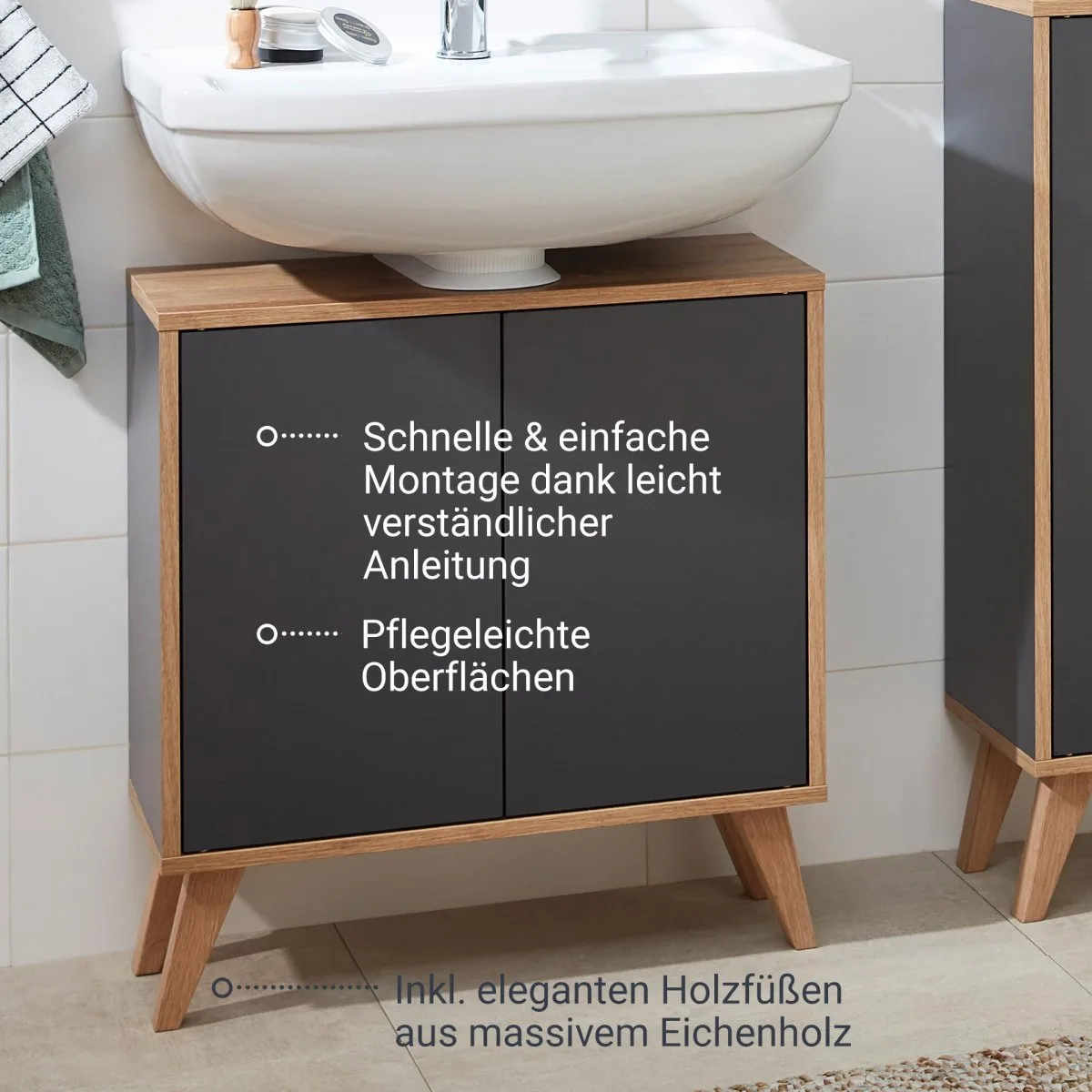FACKELMANN FINN Waschbeckenunterschrank 60 cm breit, Anthrazit/Braun hell + Holzfüße