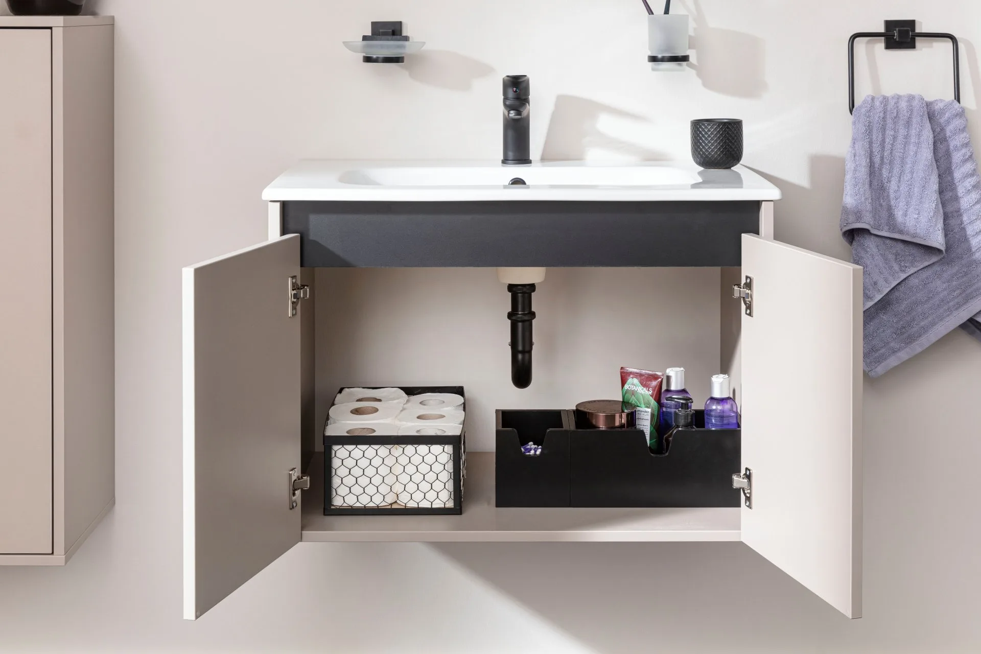 FACKELMANN COMPACT LINE Waschbecken mit Unterschrank 71 cm breit, Grau, Waschbecken Keramik Weiß, 2 Türen