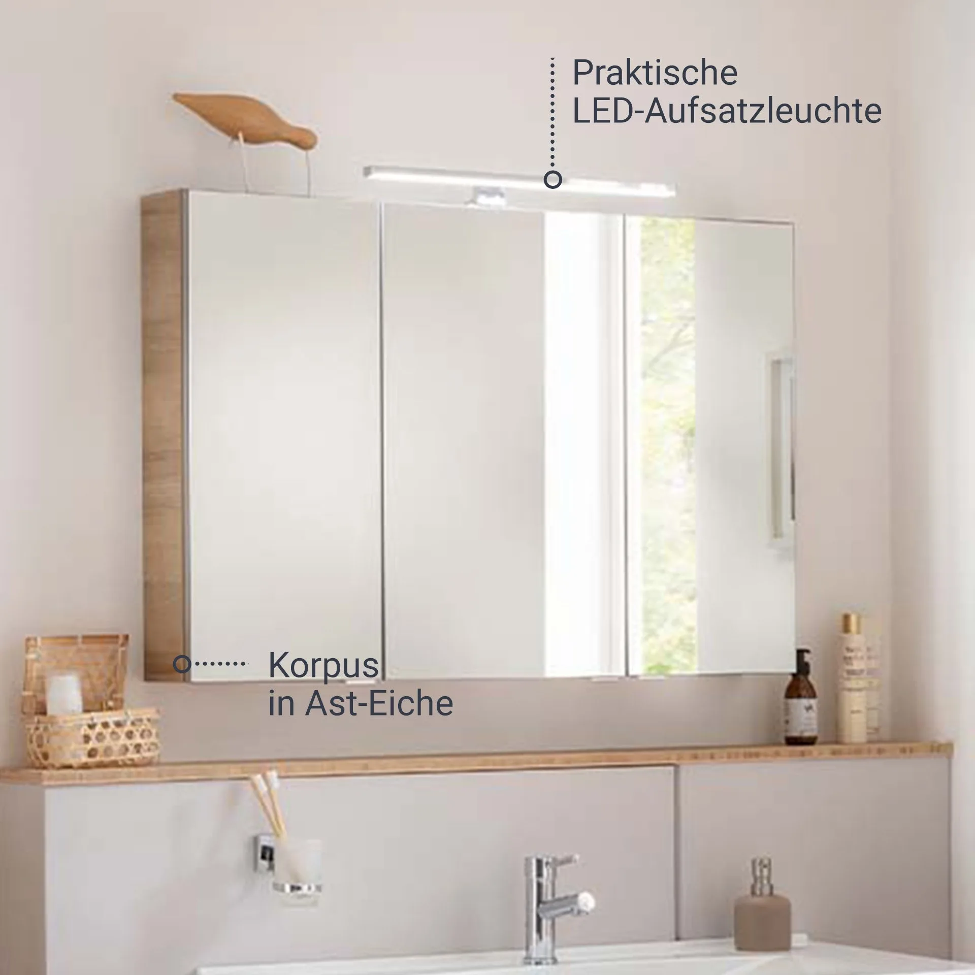 FACKELMANN B.BRILLANT LED Spiegelschrank, 100 cm breit, Braun hell