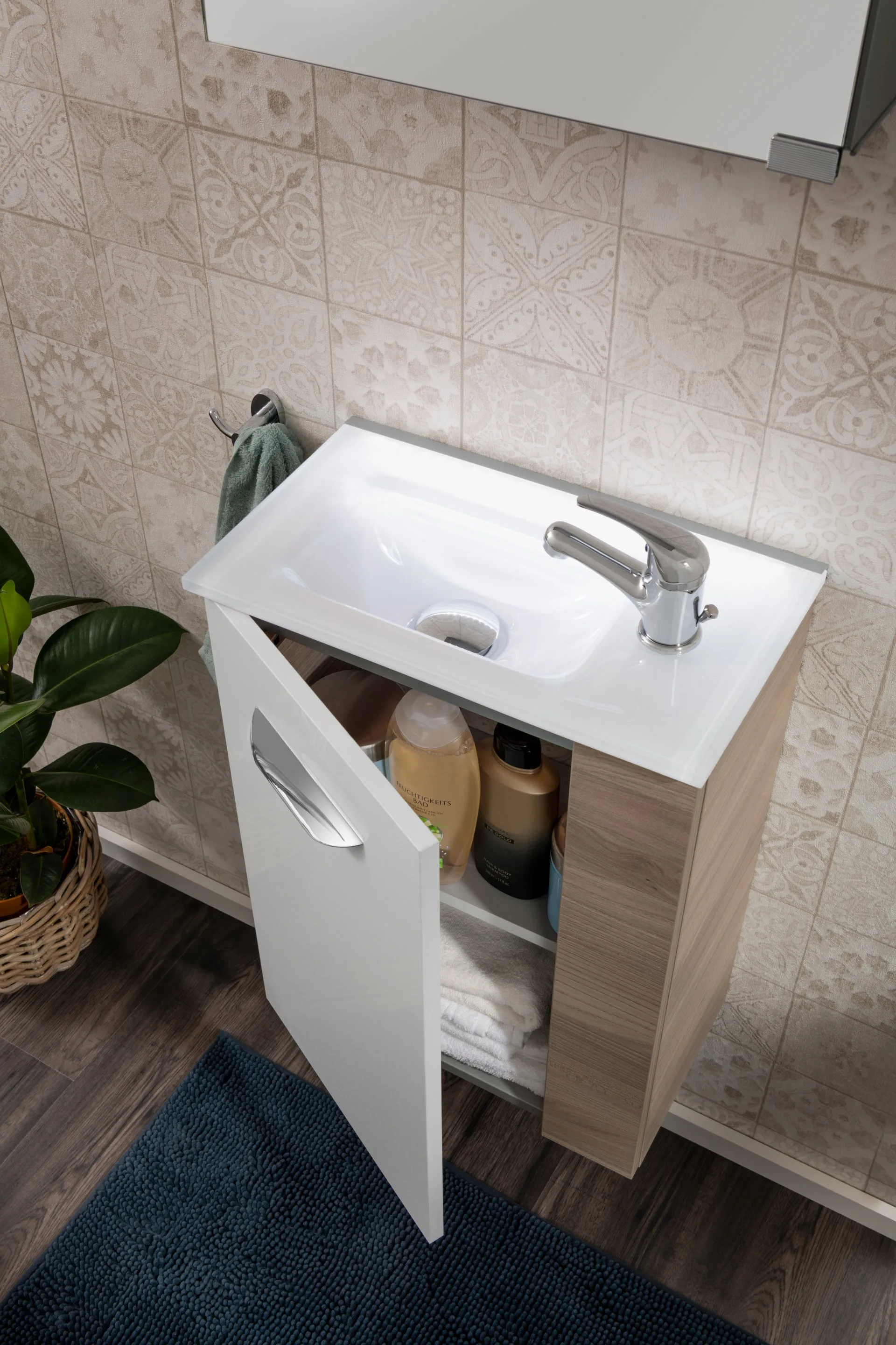 FACKELMANN SBC LUXOR Gäste WC Waschtisch Set 45 cm breit, Weiß/Braun hell, Waschbecken Glas Weiß, Türanschlag links