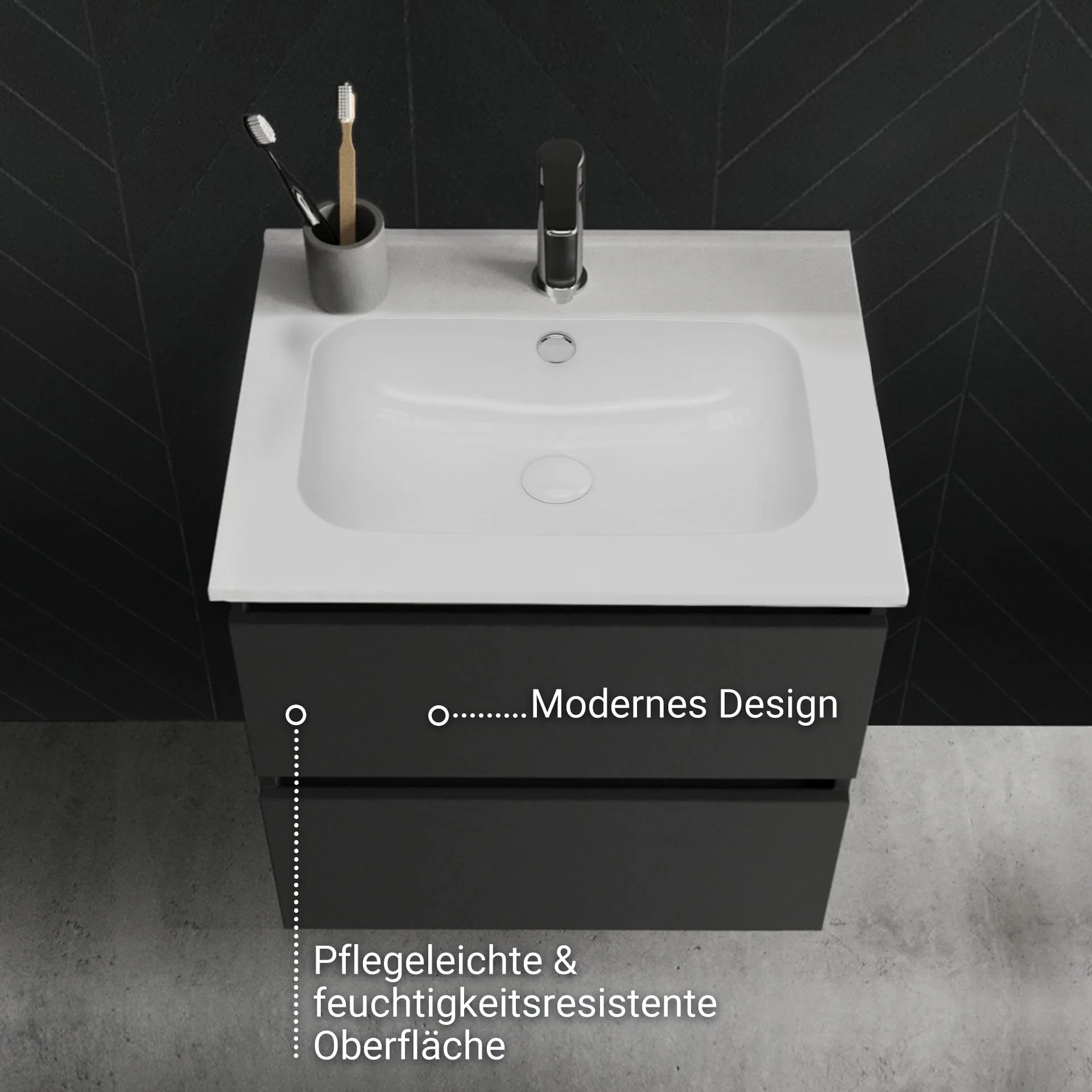 BADEDU GERS Waschbecken mit Unterschrank 60 cm breit, Grau, Waschbecken Keramik Weiß