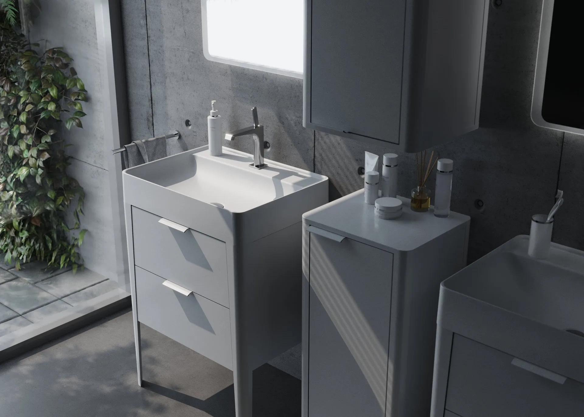 BADEDU SORA Waschbecken mit Unterschrank 60 cm breit, Weiß matt, Waschbecken Quarzkomposit Weiß, aus Aluminium, mit Füßen