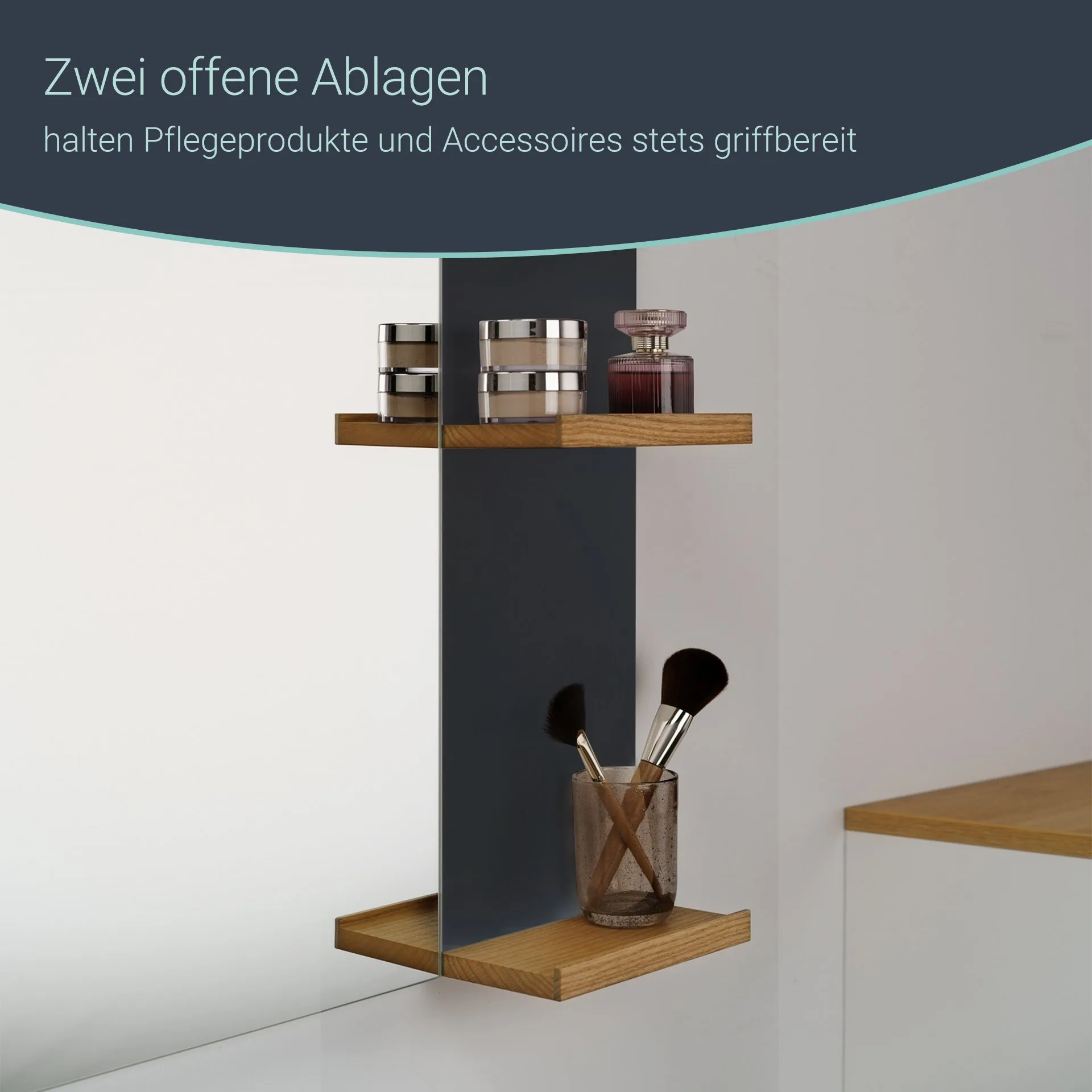 BADEDU HIERA Spiegel 79 cm breit, Anthrazit, zwei Ablagen