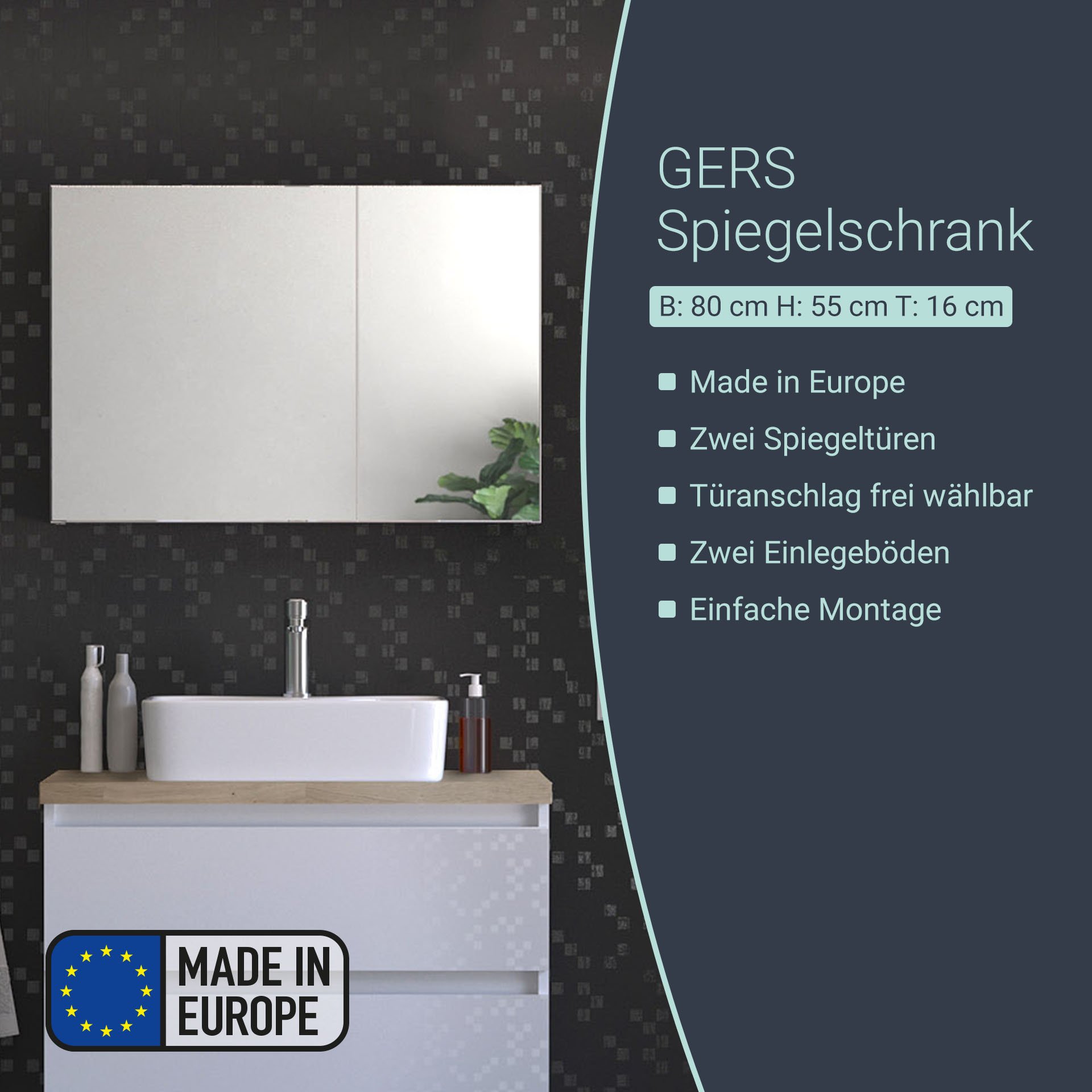 BADEDU GERS Spiegelschrank 80 cm breit, Weiß