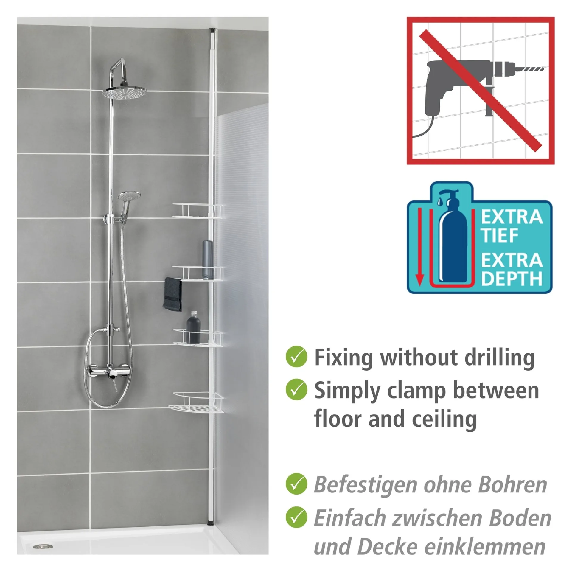 WENKO DOLCEDO Dusch Eckablage, Weiß matt, 4 Etagen, Edelstahl rostfrei, zum Einklemmen