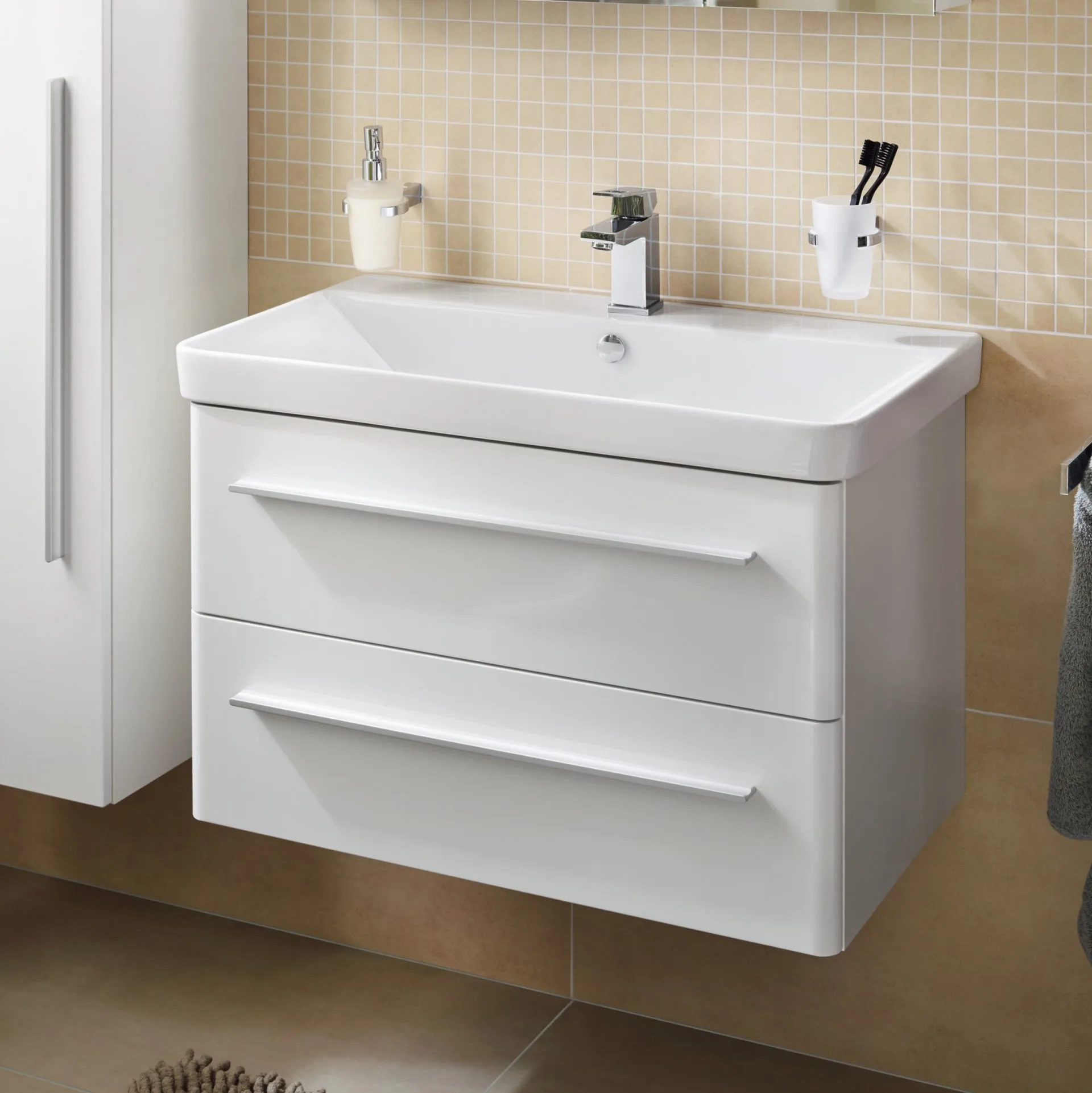 LANZET K8 Waschbecken mit Unterschrank 80 cm breit, Weiß, Waschbecken Keramik Weiß