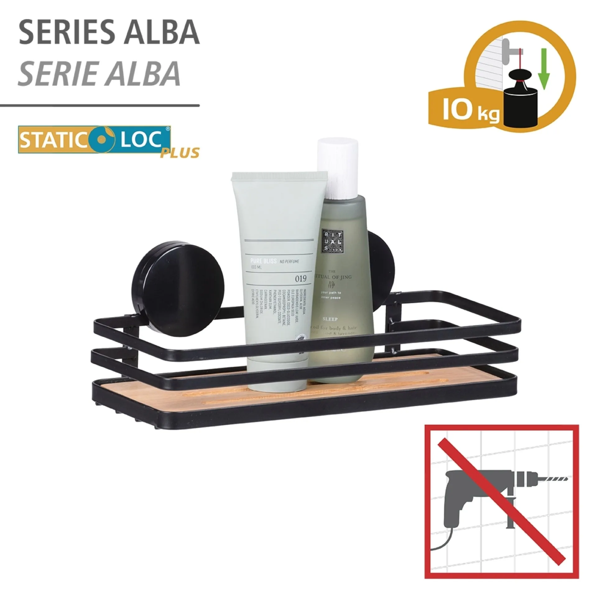 WENKO ALBA Duschablage, Schwarz/Braun, Befestigen ohne Bohren, Edelstahl/Bambus