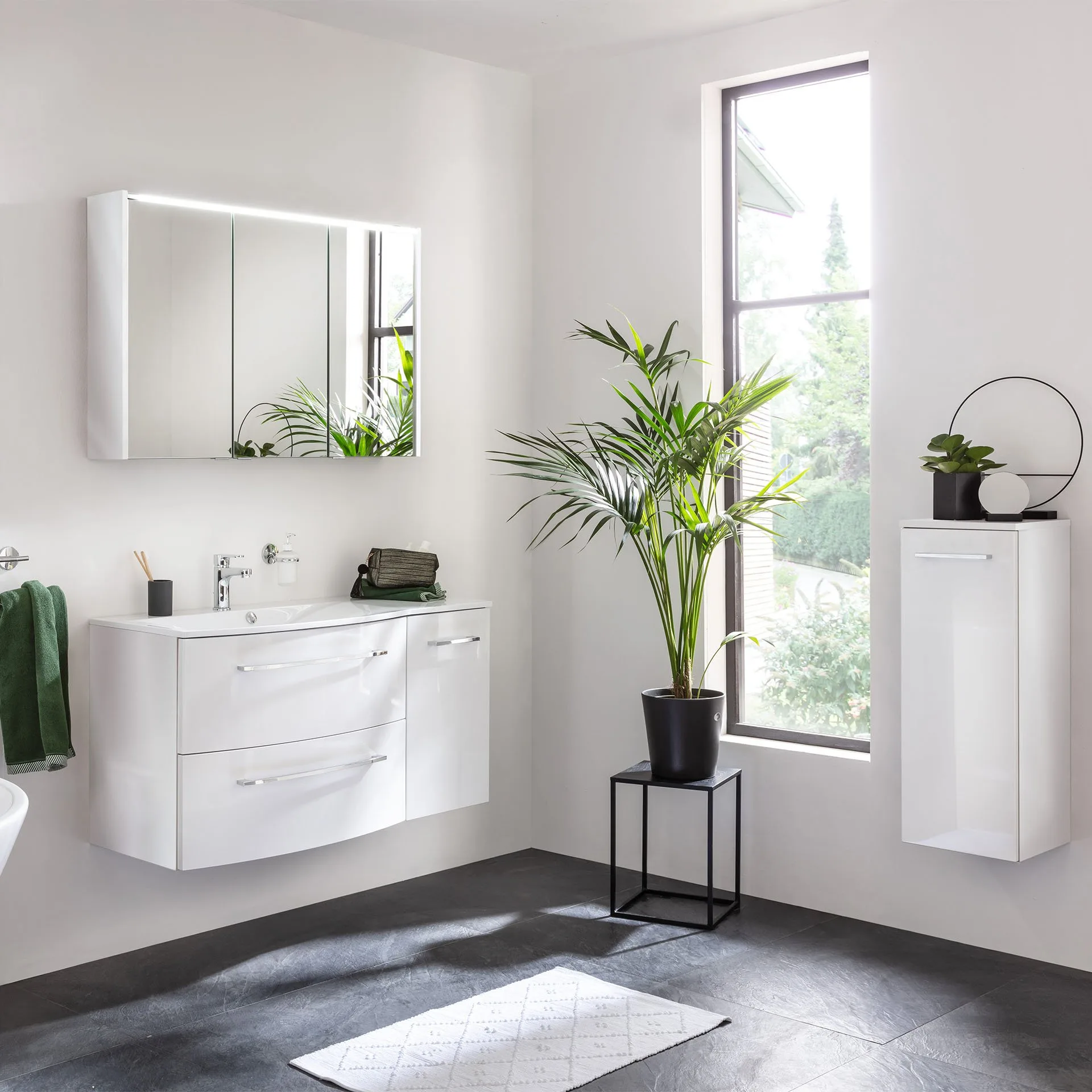 FACKELMANN VERONA Waschbecken mit Unterschrank 115 cm breit, Weiß, Waschbecken Gussmarmor Weiß + Unterschrank Türanschlag rechts