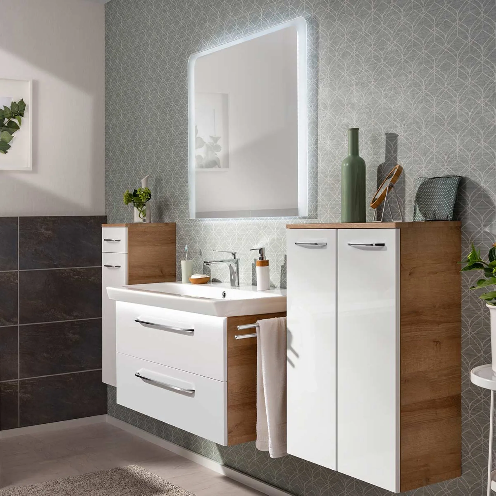 FACKELMANN MILANO Waschtisch Set mit Spiegel 107 cm breit, Weiß/Braun hell, Waschbecken Keramik Weiß