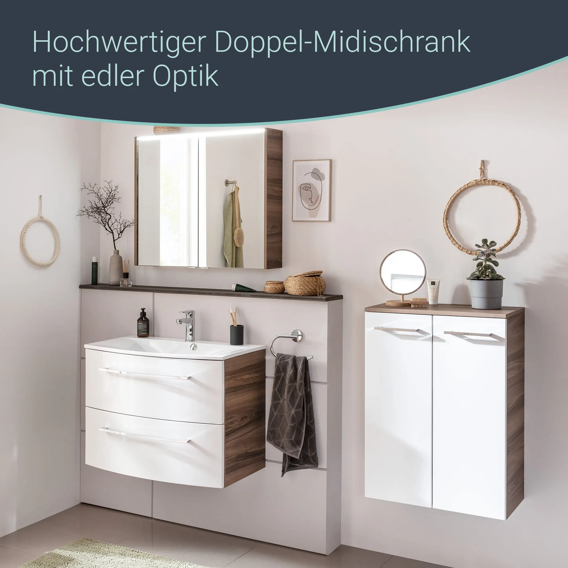 FACKELMANN VERONA Doppel Midischrank 60 cm breit, Weiß Hochglanz/Braun Dunkel