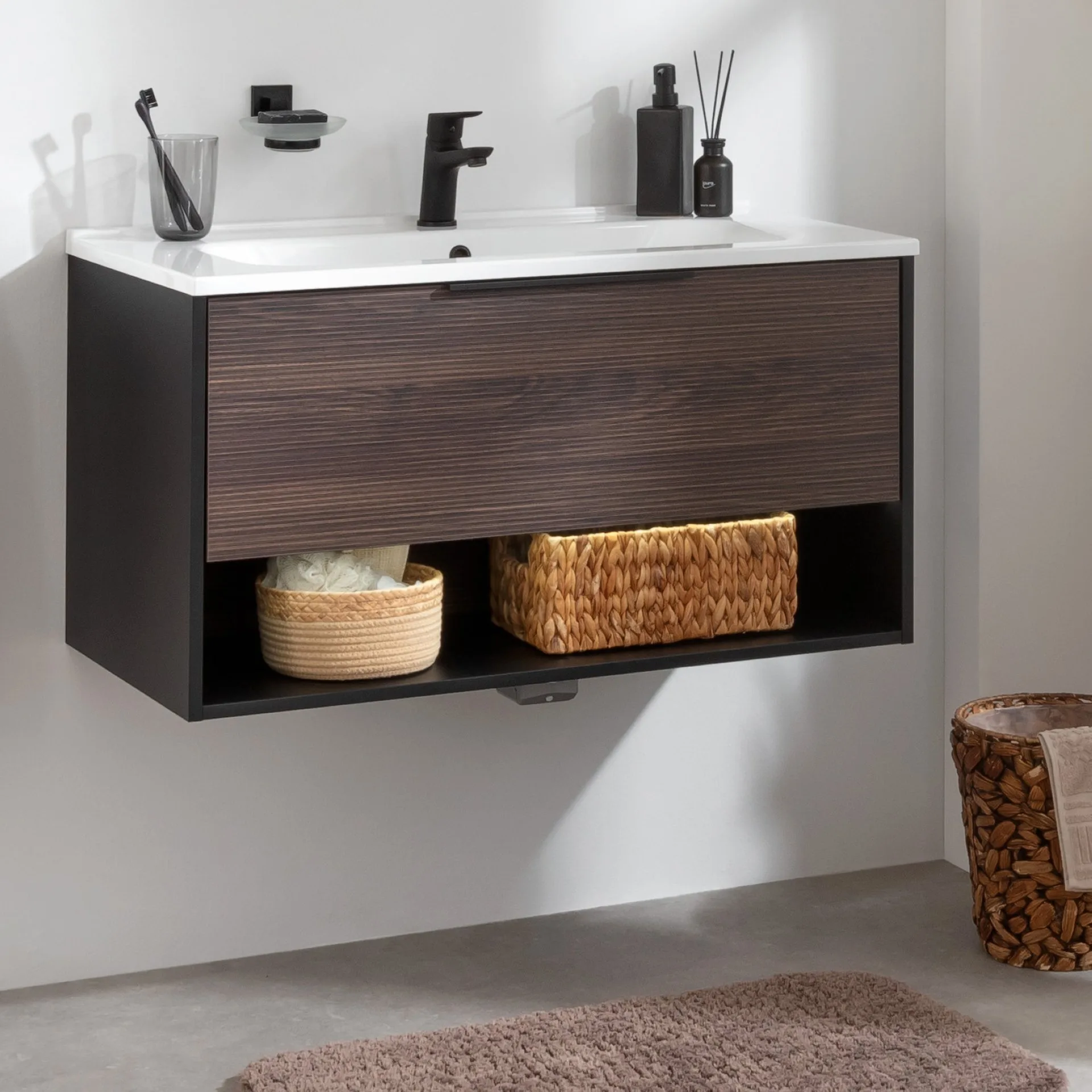 FACKELMANN B.PARIS Waschbecken mit Unterschrank 90 cm breit, Braun Dunkel/Schwarz, Waschbecken Gussmarmor Weiß